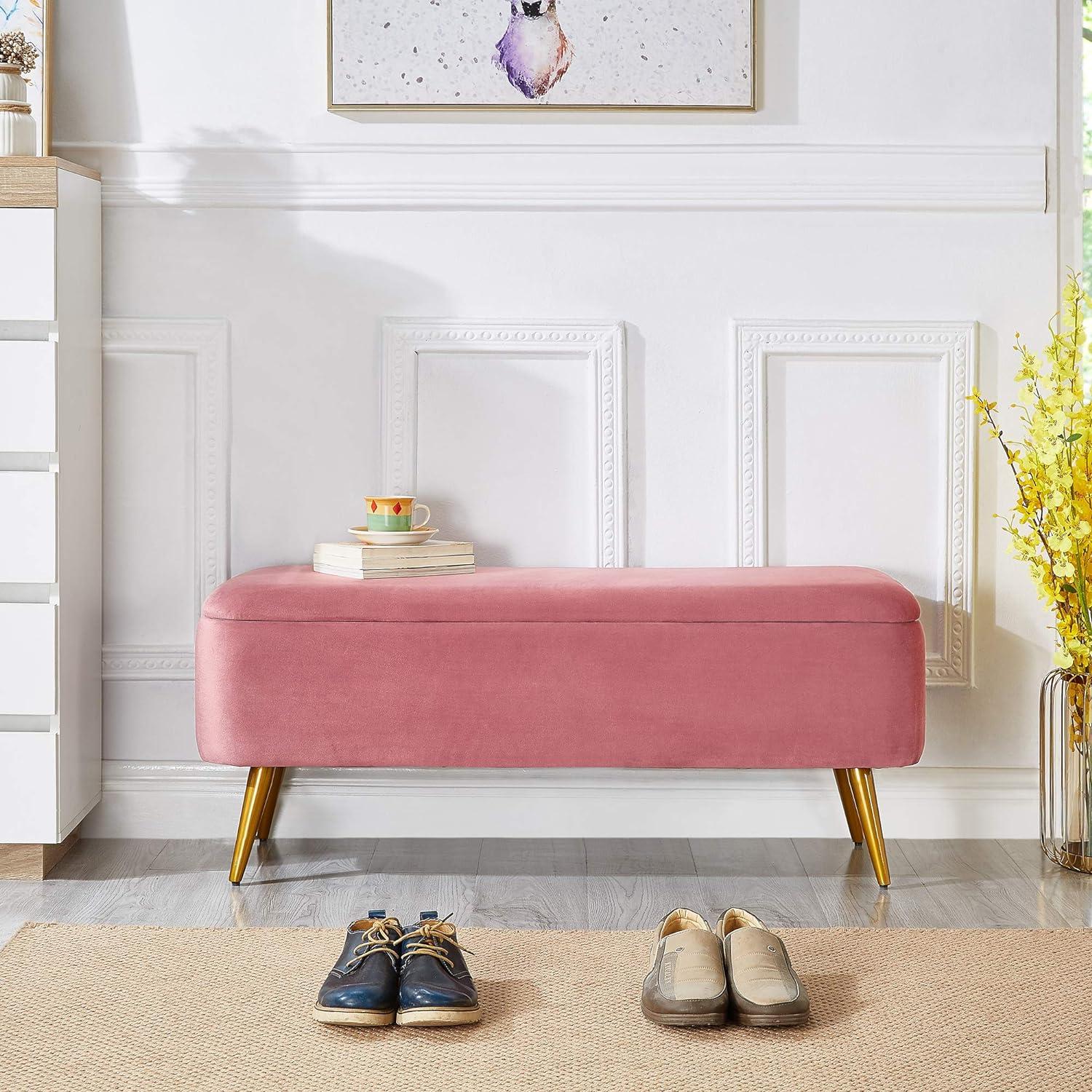 Rose Velvet Upholstered Storage Bench with Golden Metal Legs