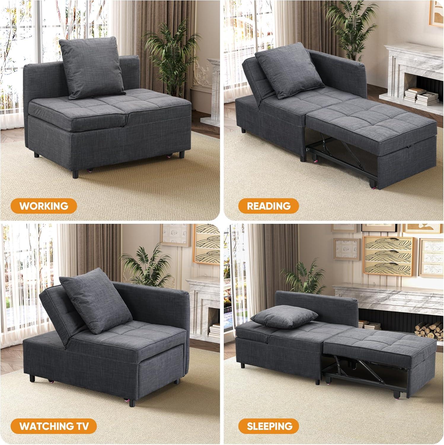 Ainfox 4-in-1 Convertible Sleeper Chair Bed Pull Out Sofa Bed Chaise Lounge for Home Office, Grey