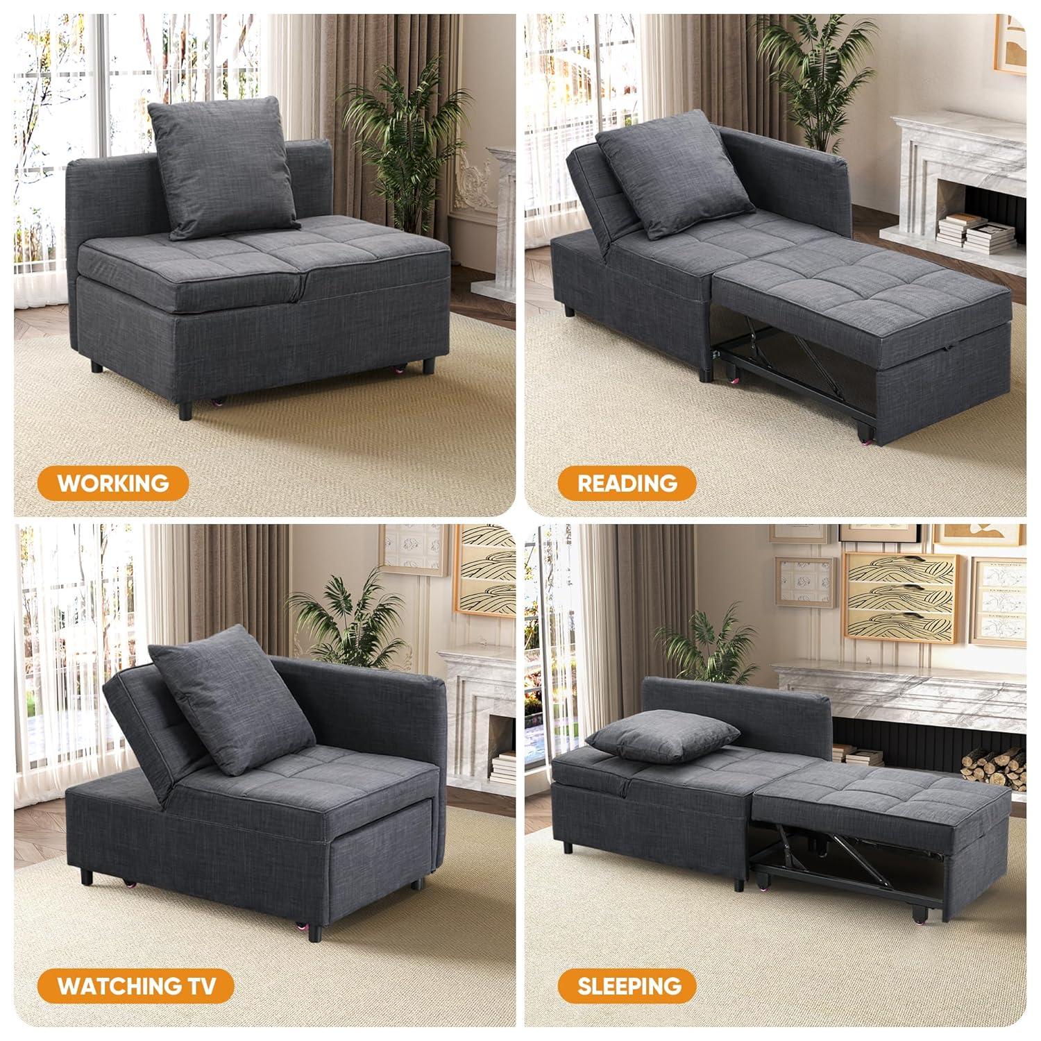 Ainfox 4-in-1 Convertible Sleeper Chair Bed Pull Out Sofa Bed Chaise Lounge for Home Office, Grey