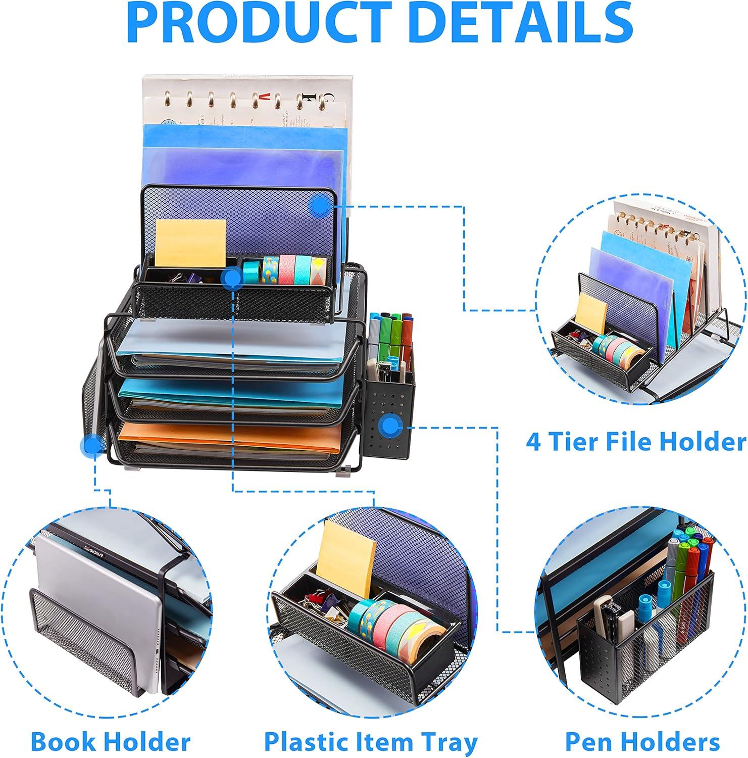 DESIGNA Stackable Mesh Desk Organizer with 3 Sliding Letter Tray Drawers, 4 File Holders Sorter Section, 2 Side Compartments, Pencil Holder Non-slip All In One Desktop Organizers Office Storage, Black