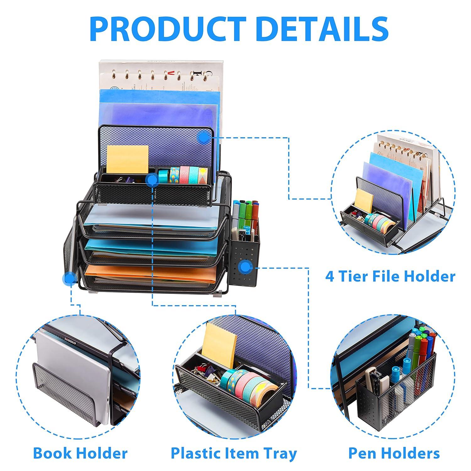 DESIGNA Stackable Mesh Desk Organizer with 3 Sliding Letter Tray Drawers, 4 File Holders Sorter Section, 2 Side Compartments, Pencil Holder Non-slip All In One Desktop Organizers Office Storage, Black