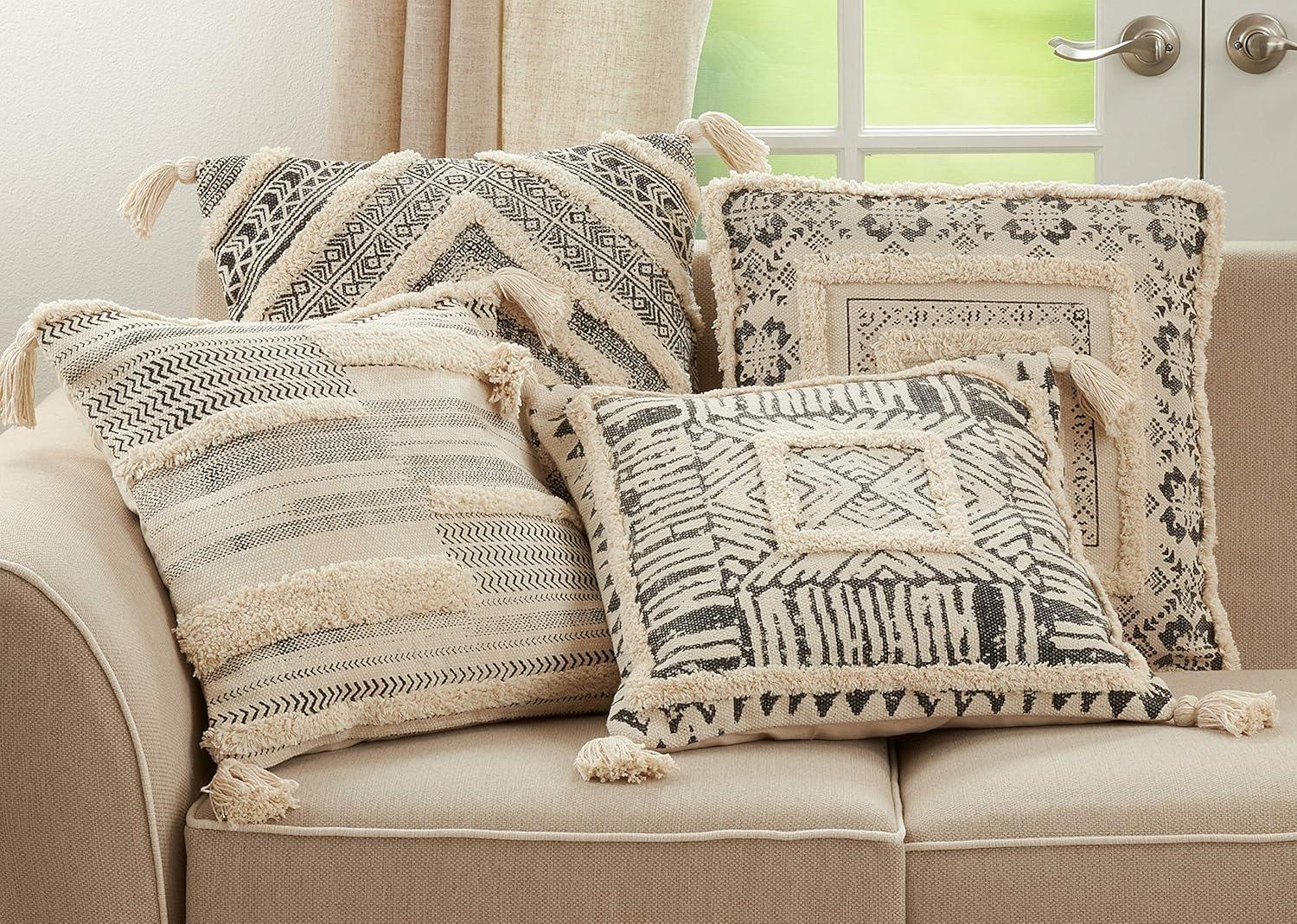 Tufted Diamond Block Print Black and Beige Cotton Pillow