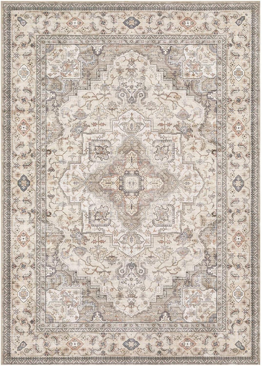 Tzou Brown 8x10 Area Rugs for Living Room, Vintage Washable Low Pile Carpet with Non-Slip Rubber Backing for Home Office