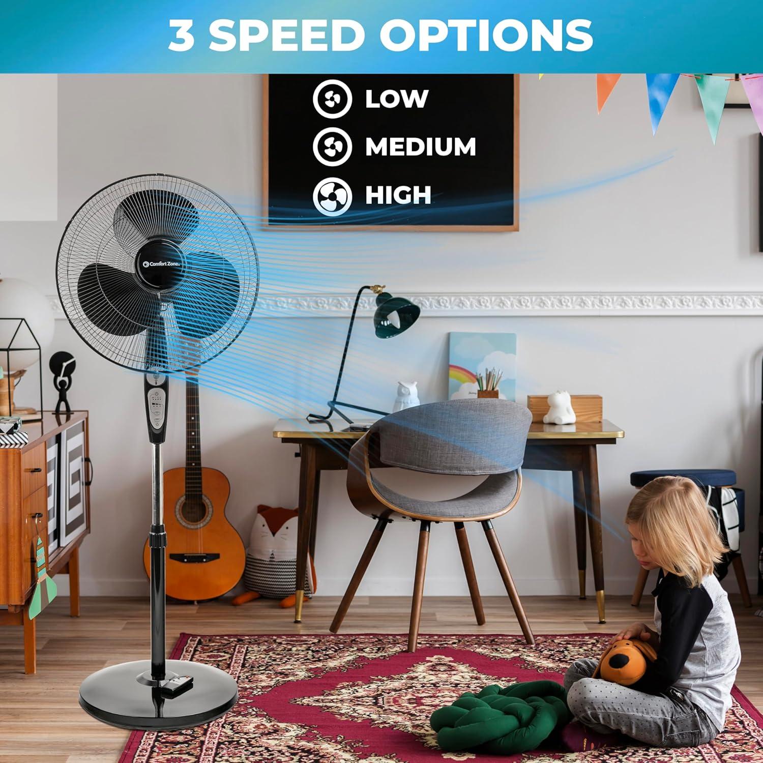 Comfort Zone 18” 3-Speed Oscillating Pedestal Fan with Remote Control, Adjustable Height, Adjustable Tilt, and Built-in Timer for Auto Shutoff, Black