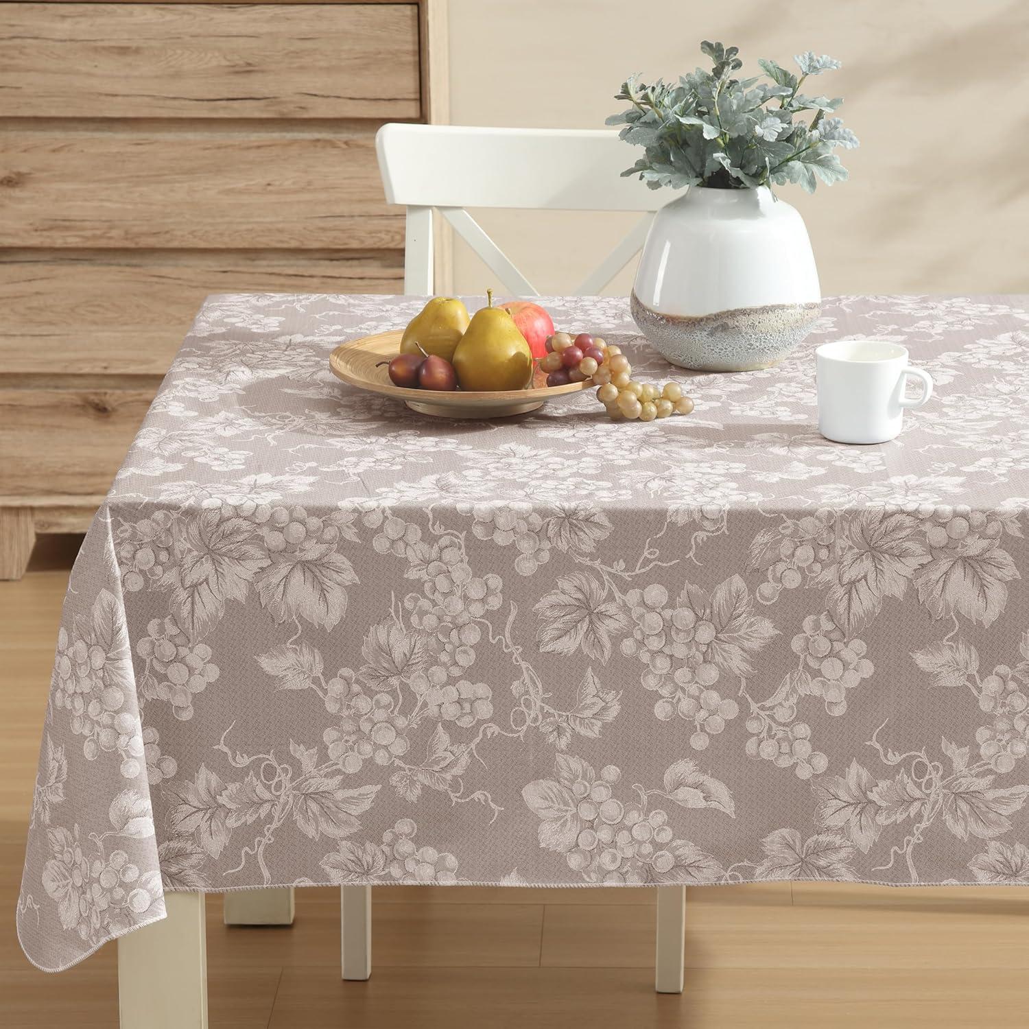 Taupe Grapevine Print Heavy Vinyl Flannel Backed Tablecloth, 60" x 104"