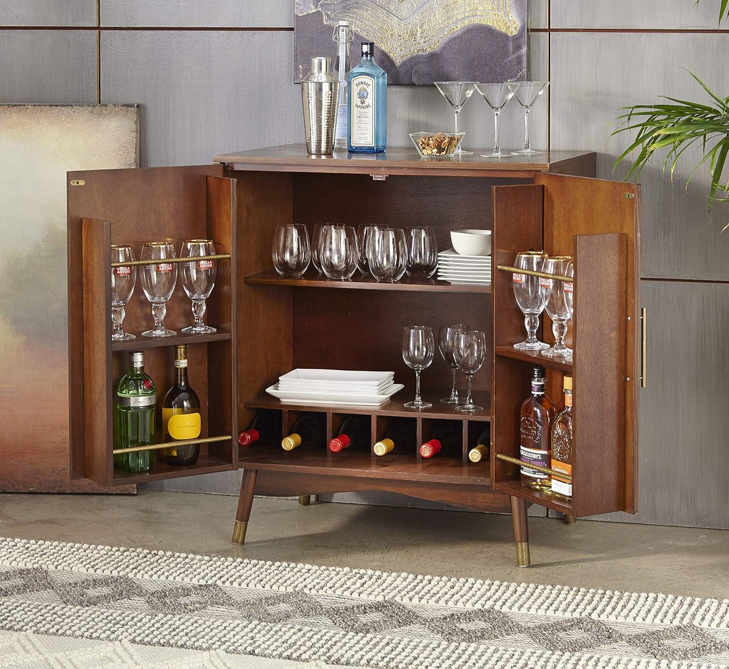 Killian Walnut Mid-Century Modern Bar Cabinet with Brass Accents