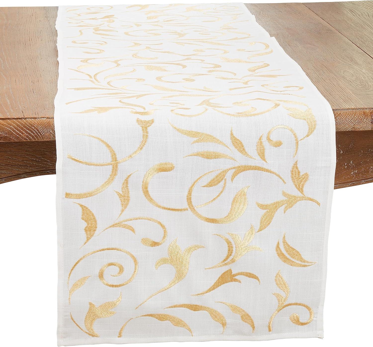 White and Gold Botanical Embroidered Polyester Table Runner