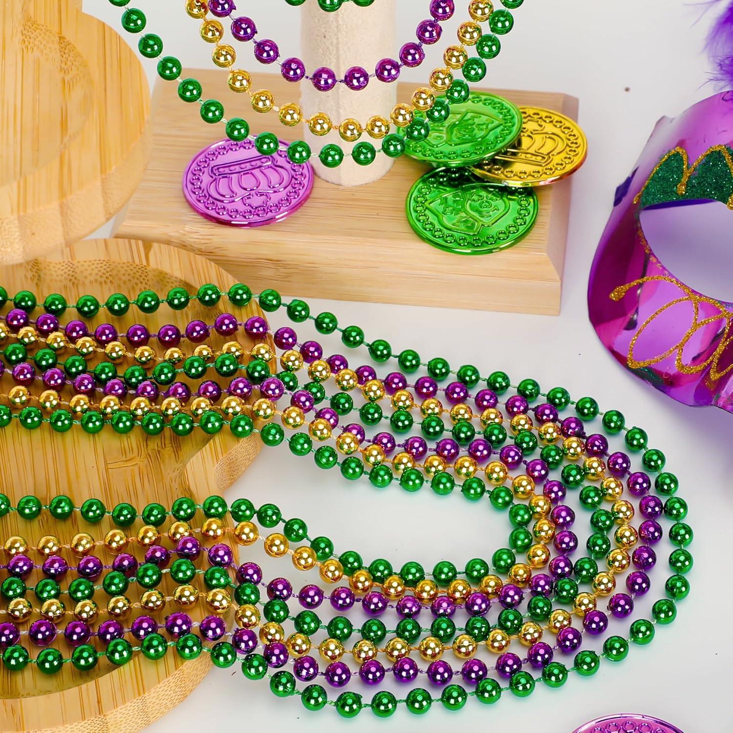 4E's Novelty 24 Pack Purple Green Gold Beads Necklaces, Mardi Gras Beads Bulk Party Supplies Festival Parade Throws Dress Up accessories