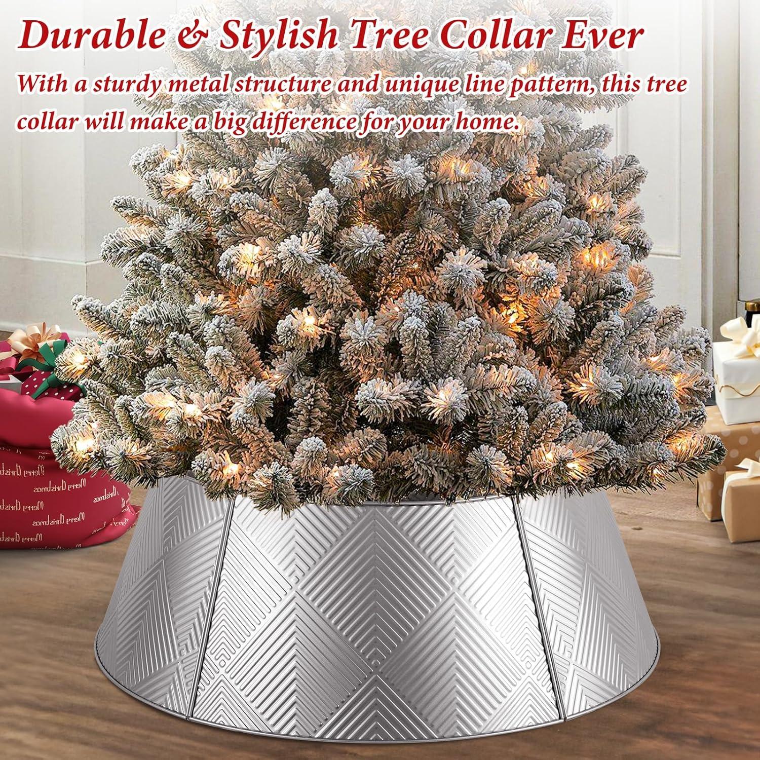 Nordic Hygge 28’’ Christmas Tree Collar, Gold Tree Skirt for Christmas Tree Decor, Christmas Tree Base Cover with Printed Patterns, Metal Tree Collar for Pencil Tree of Living Room