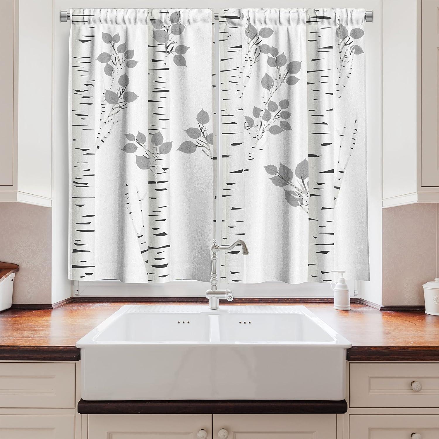 Ambesonne Birch Tree Kitchen Curtains, Autumn Woods, 55"x39", Grey White