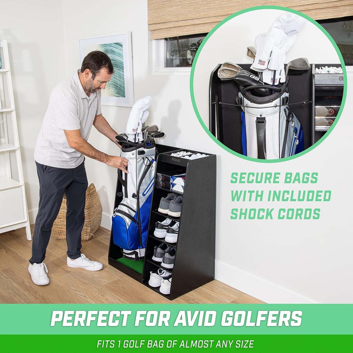 GoSports Premium Wooden Freestanding Golf Bag Organizer and Storage Rack