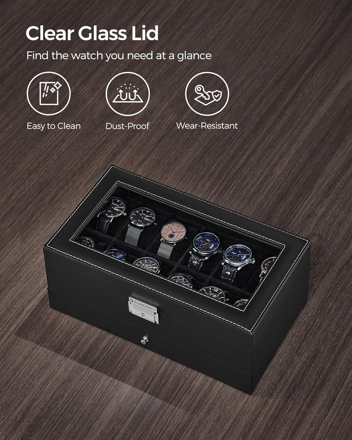 SONGMICS 12-Slot Watch Box, Lockable Watch Case with Glass Lid, 2 Layers, with 1 Drawer for Rings, Bracelets, Gift Idea, Black Synthetic Leather, Black Lining UJWB012B03