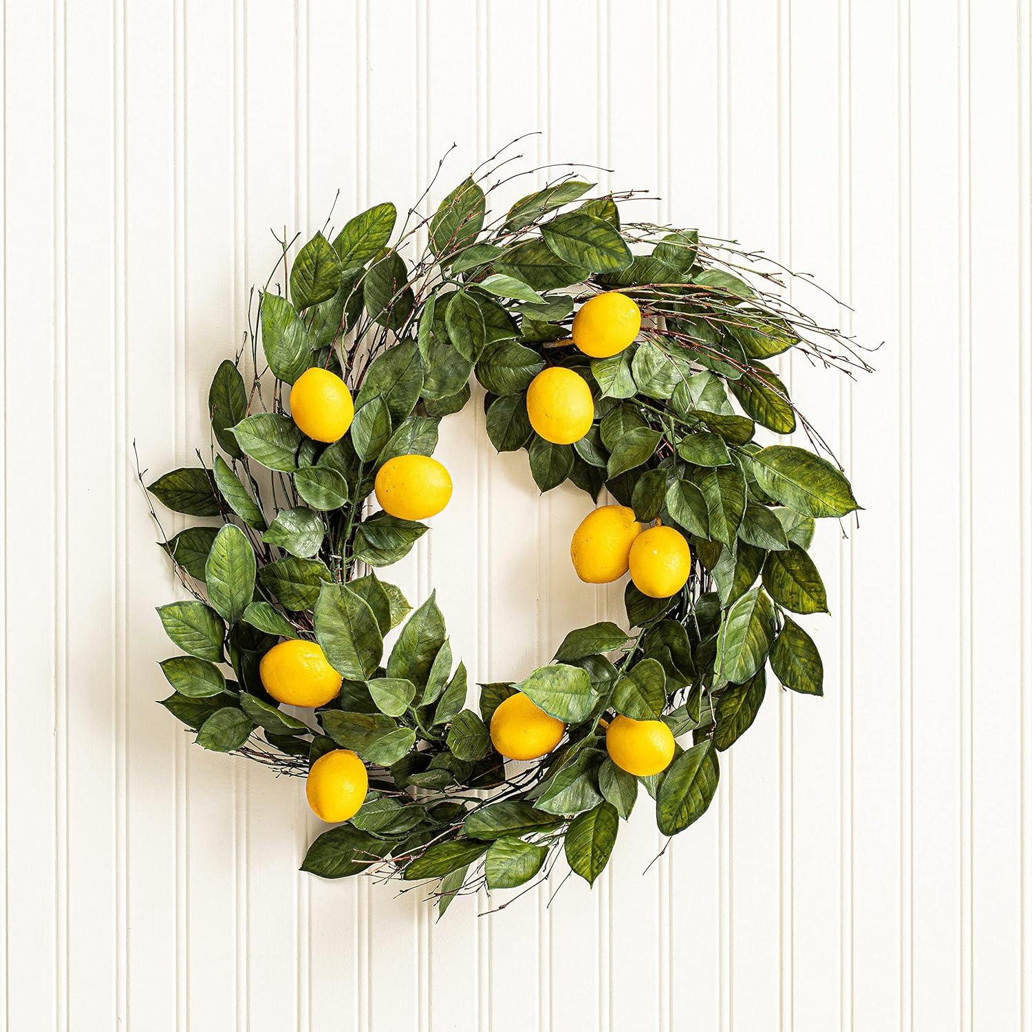 Vickerman FK170702 24 in. Green Salal Leaf with Yellow Lemon Wreath