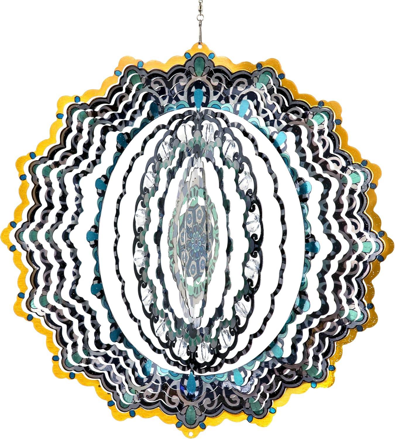 Exhart Wind Spinner, Blue and Black Mandala Hanging Wind Sculpture, 3D Laser Cut Patterns with Bead Details, Metal Outdoor Garden Decoration, Multicolor Lawn and Yard Art, 12 Inch