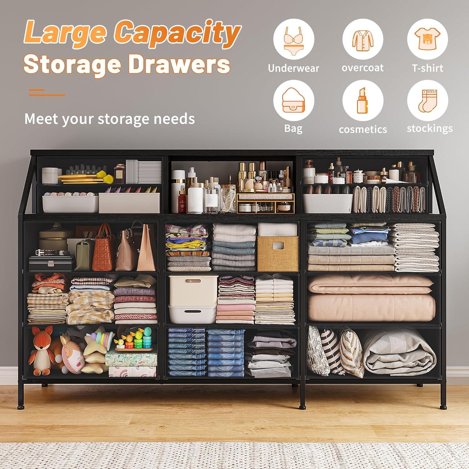 EnHomee 55"W Dresser for Bedroom Black Fabric Dresser with 13 Drawers Long Dressers & Chests of Drawers for , Living Room,Entryway