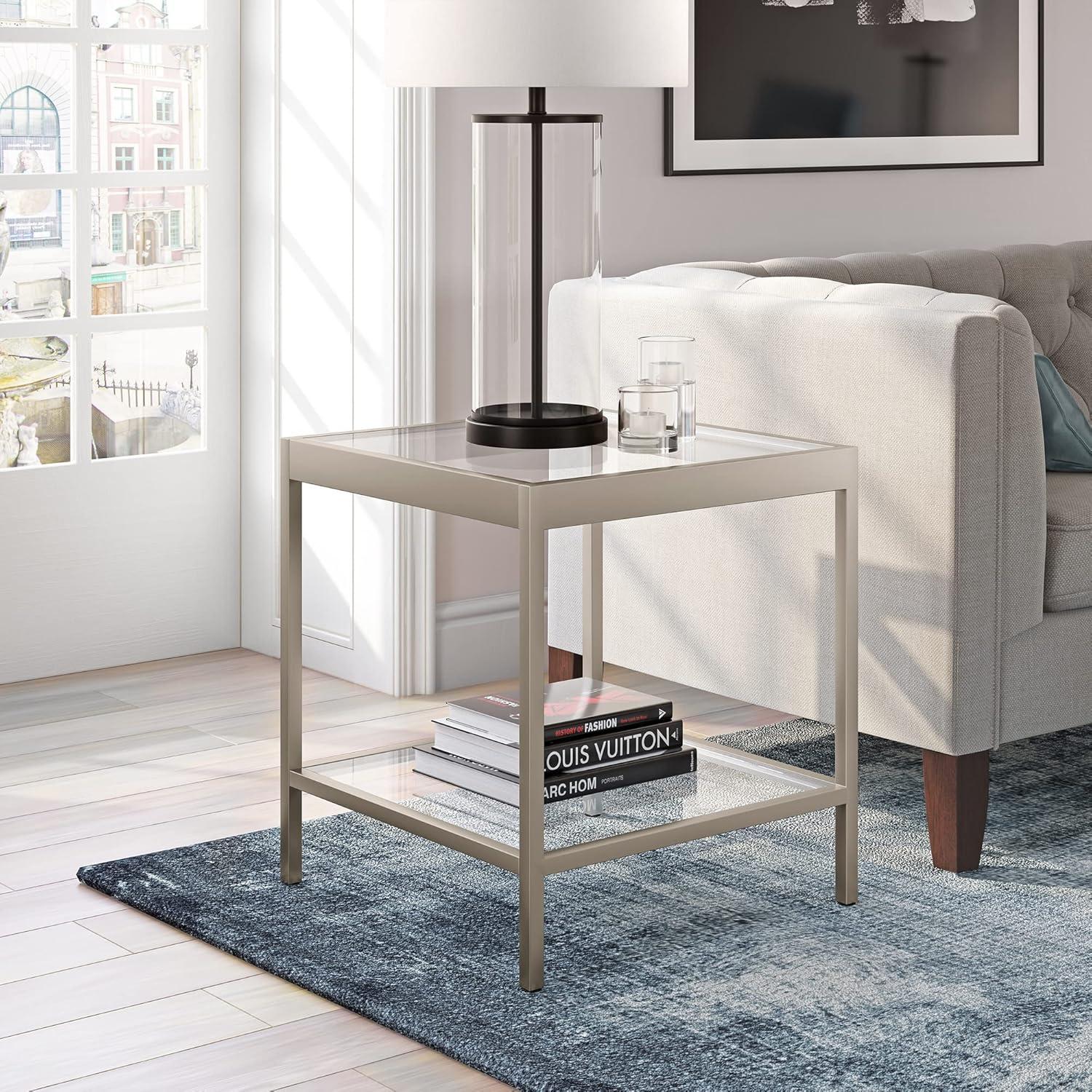 Sleek Nickel & Tempered Glass 20" Square Side Table