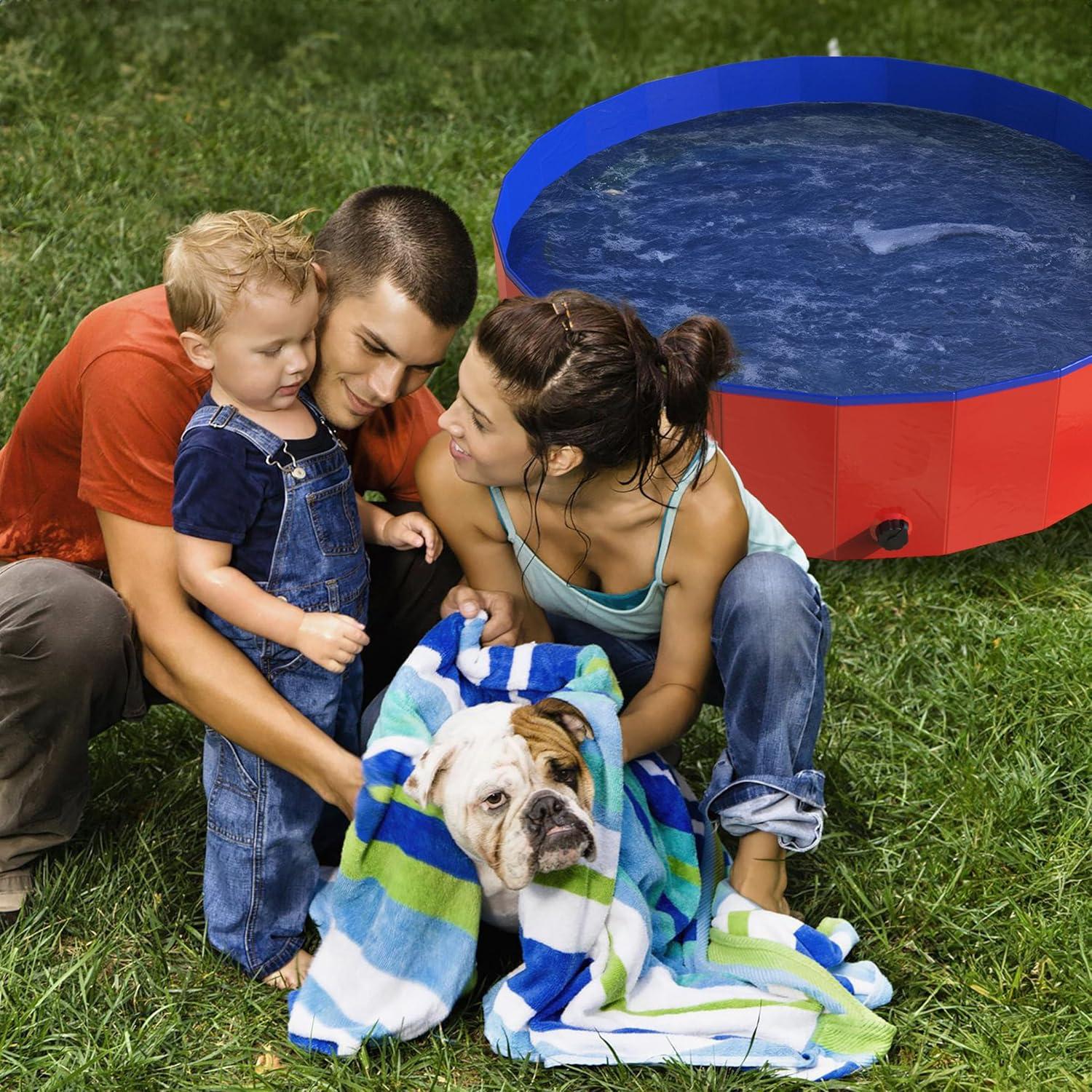 Portable Dog Pool for Large Dogs - Foldable Plastic Bathing Tub with Drain and Carrying Bag for Pets and Backyard Play with Kids by PETMAKER (Blue)