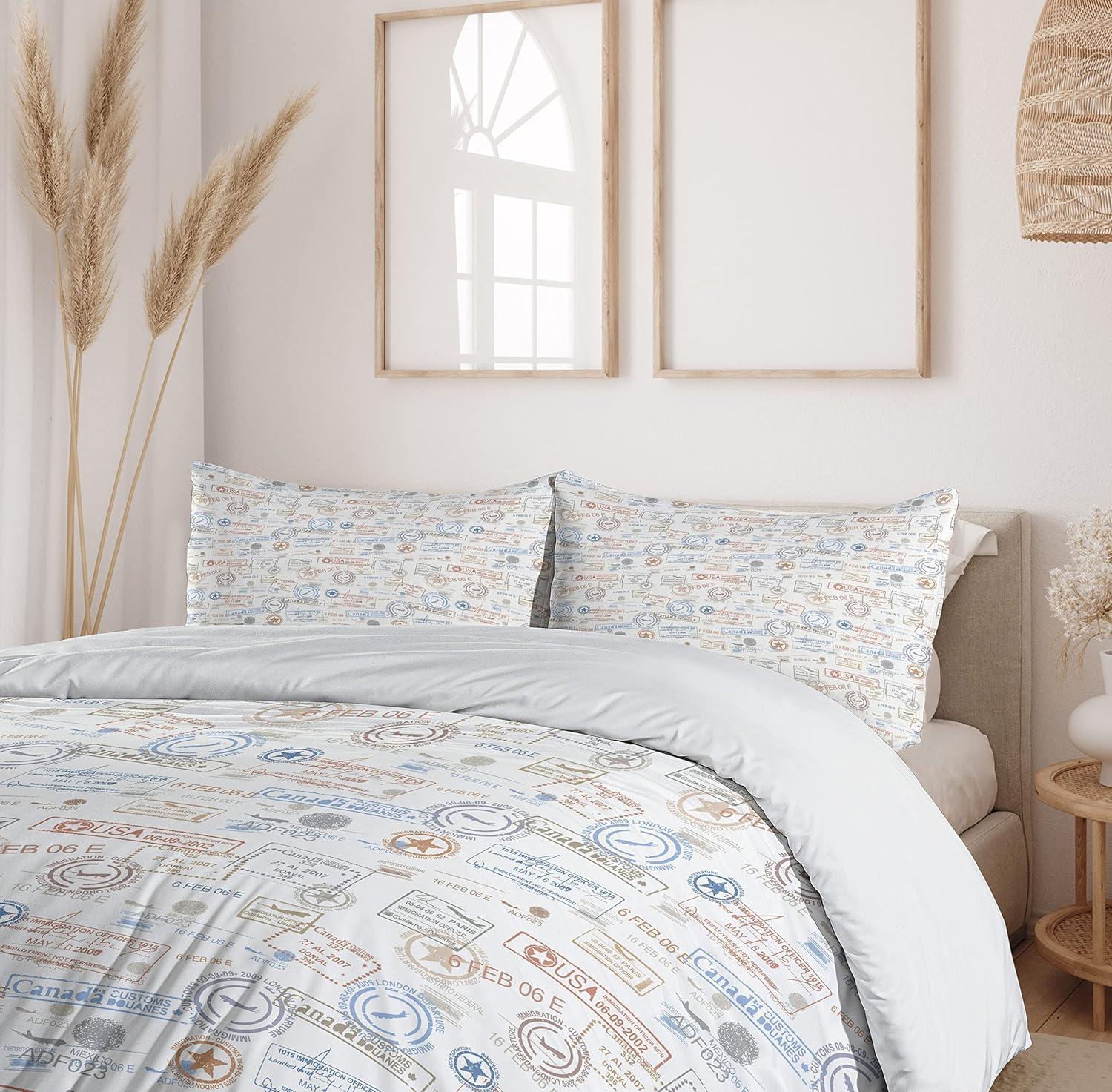 Travel Twin Size Duvet Cover Set, Vintage Old Rubber Stamps Tourist Passport Visa Certificate Vacation Holiday Theme, Decorative 2 Piece Bedding Set with 1 Pillow Sham, Multicolor, by Ambesonne