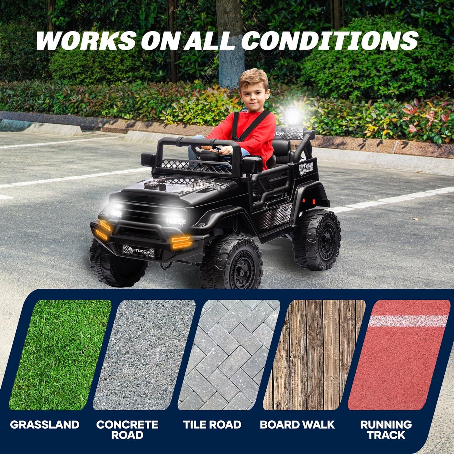 Outdoor Cruise 1 Seater 12V Ride-On Electric Car for Kids - Remote Control Ride-On Jeep Power Wheels, Battery Operated Cars for Ages 5-7 with Parental Control for Safe Adventures - Black