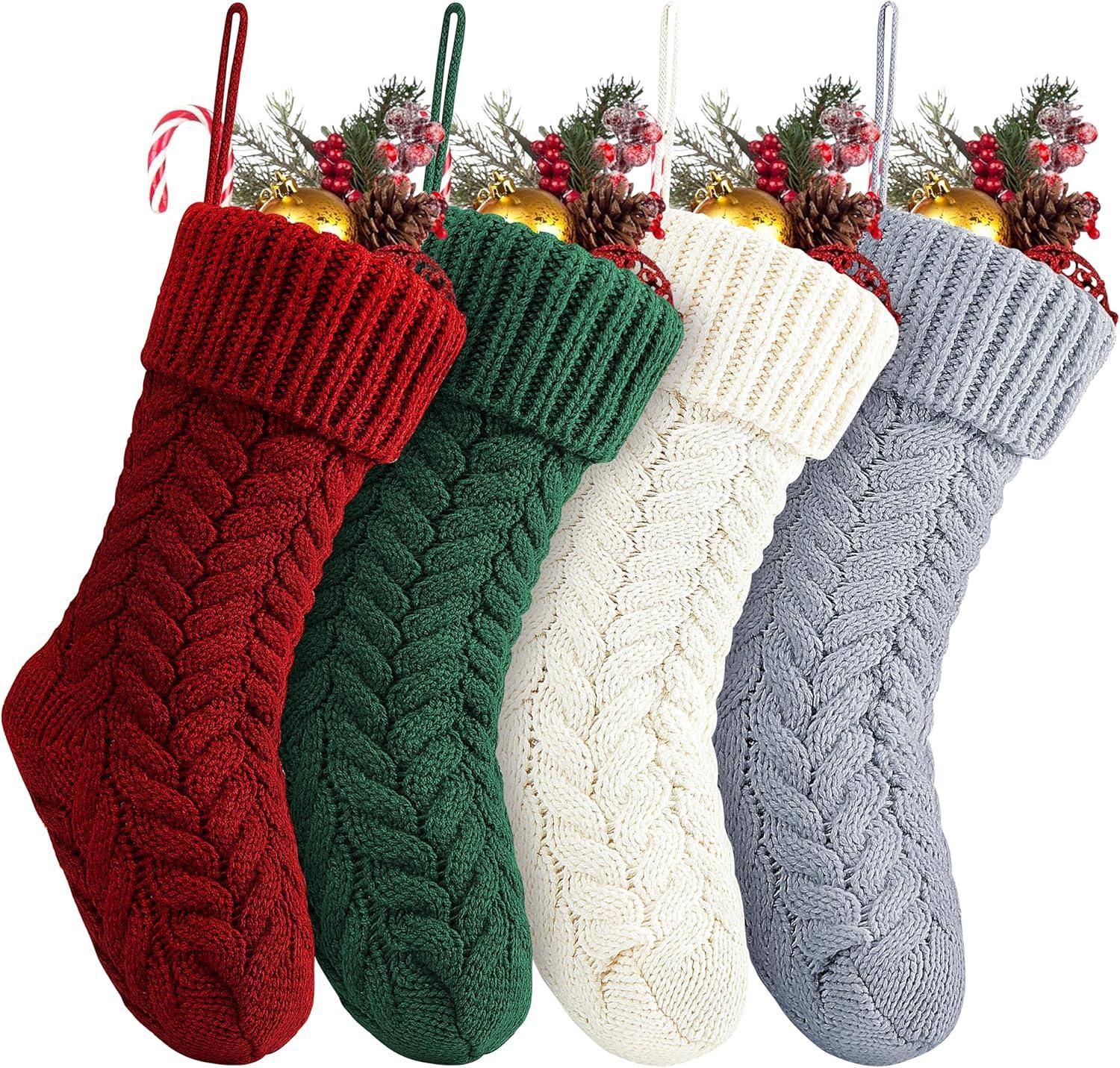 Husfou 4 Pack Christmas Knitted Splicing Stockings, 18 inch Large Cable Knitted Xmas Stockings Decorations for Indoor Family Holiday Christmas Party