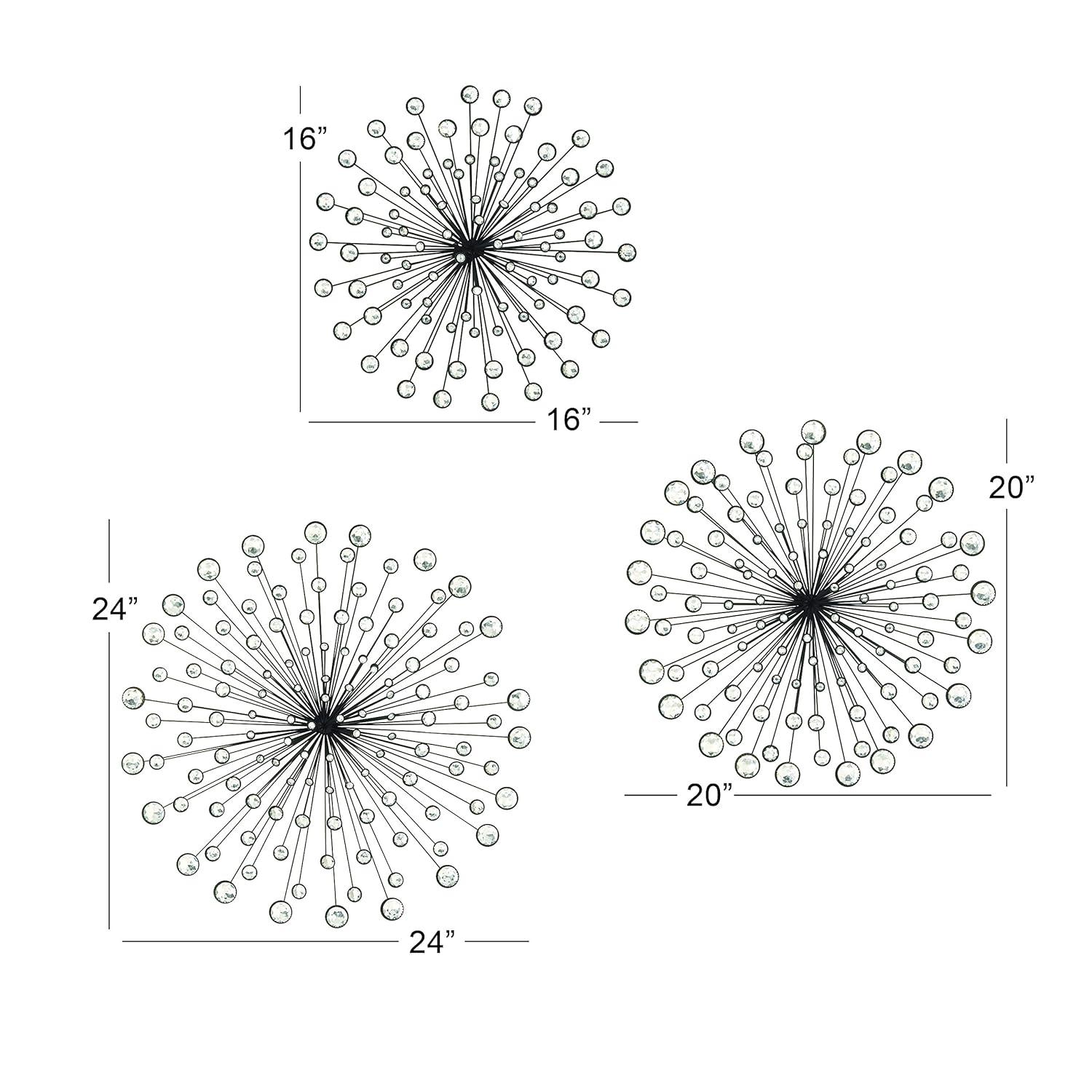DecMode Black Metal Starburst Wall Decor with Crystal Embellishments (3 Count)