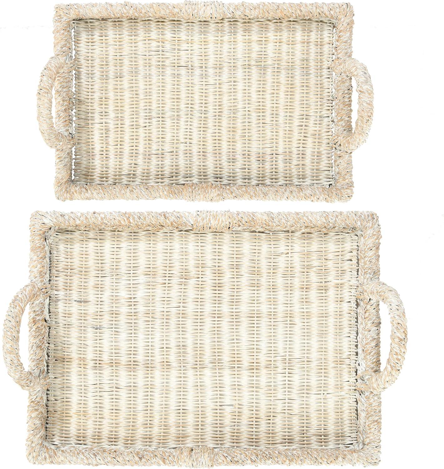 Creative Co-Op Decorative Rattan Trays with Handles & Whitewashed Finish (Set of 2 Sizes)