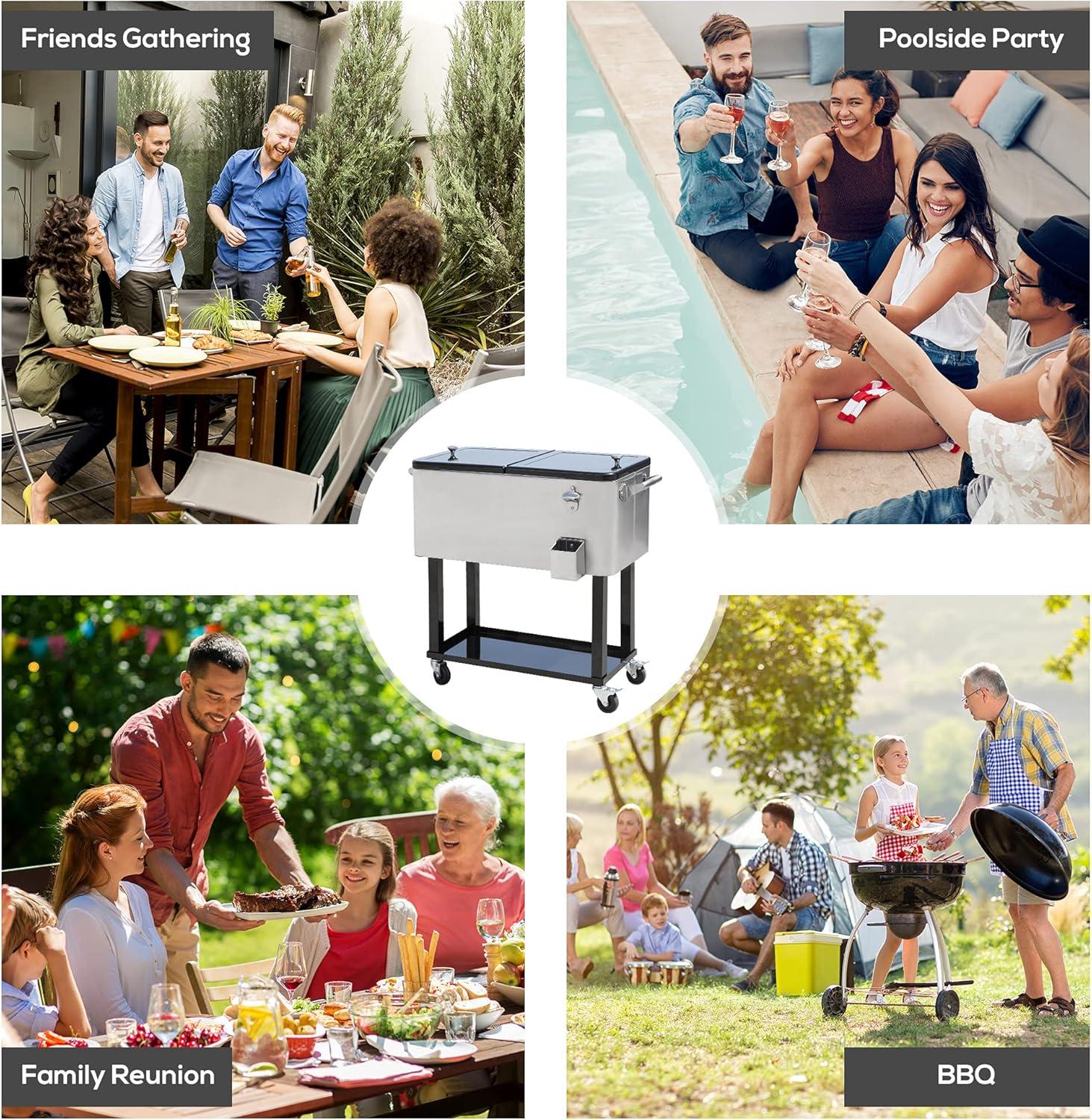 IRHOMA Outsunny 80 QT Rolling Cooling Bins Ice Chest on Wheels Outdoor Stand Up Drink Cooler Cart for Party