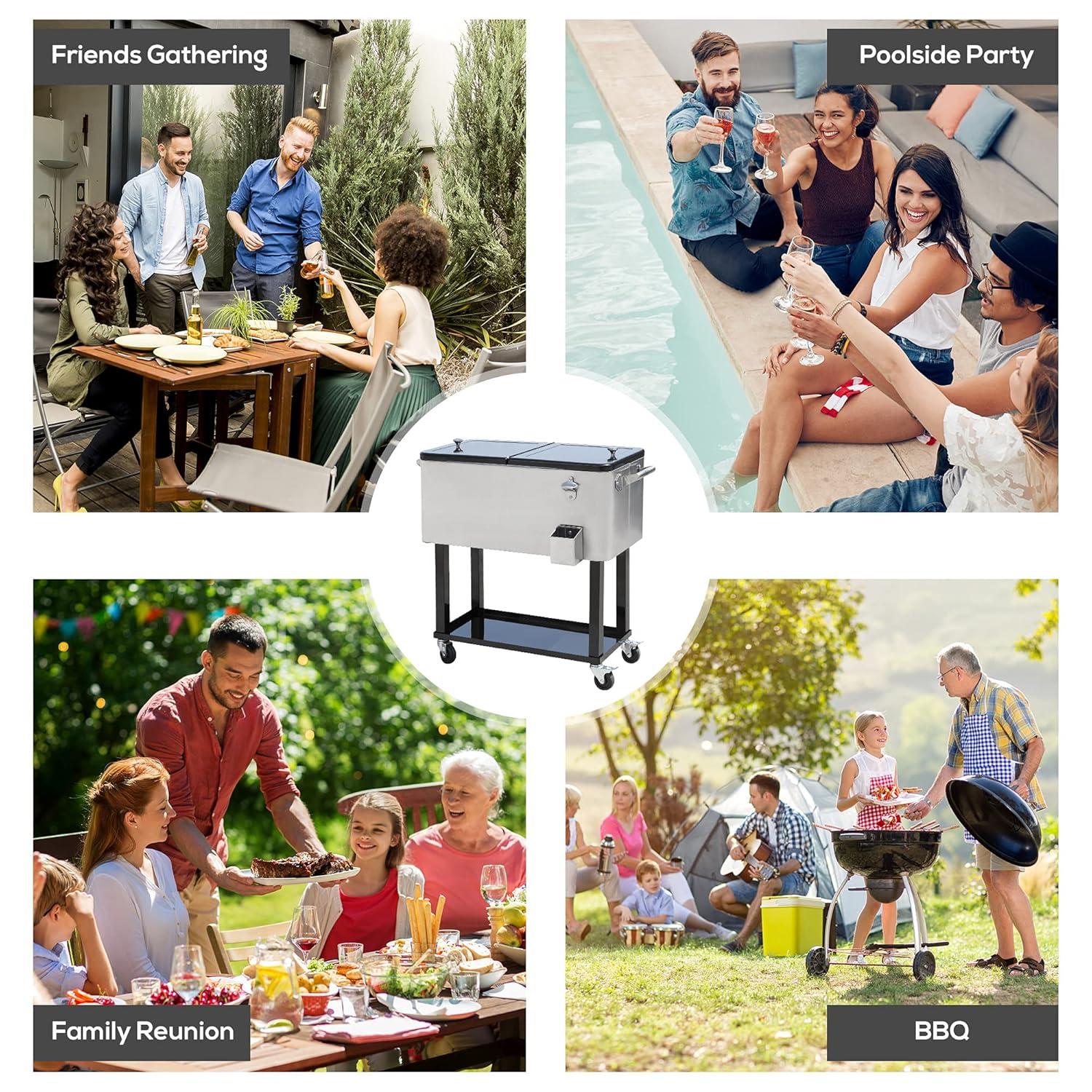 IRHOMA Outsunny 80 QT Rolling Cooling Bins Ice Chest on Wheels Outdoor Stand Up Drink Cooler Cart for Party
