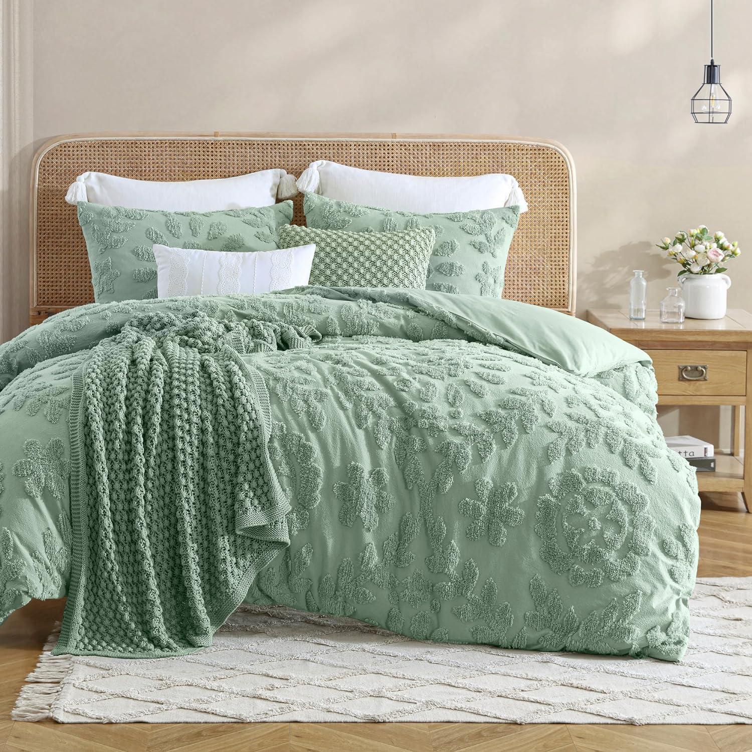 Sage Green Cotton Chenille Full/Queen Duvet Cover Set