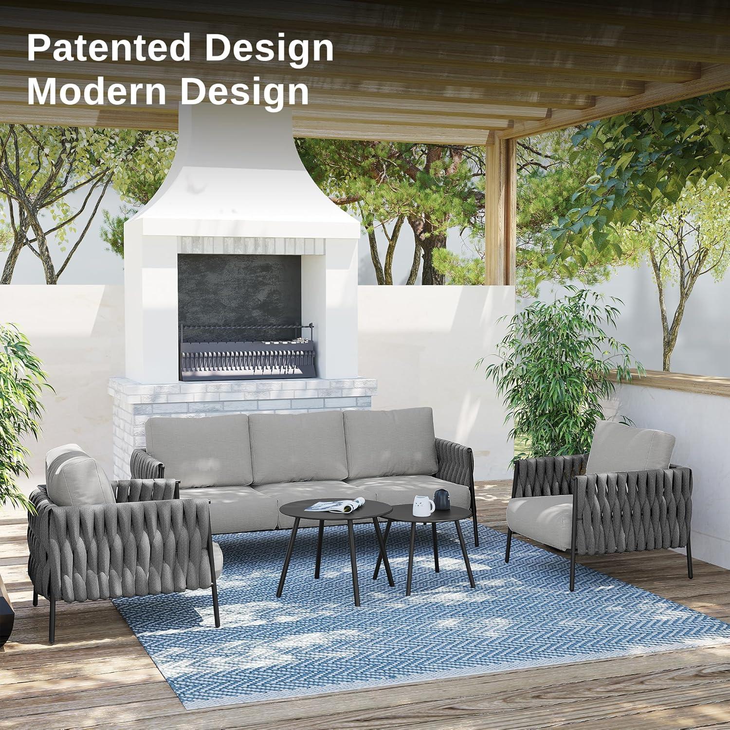 EAST OAK Patio Furniture Set 5 Pieces Sofa with Two Round Coffee Table  and Waterproof Thick Cushion Deep Seating