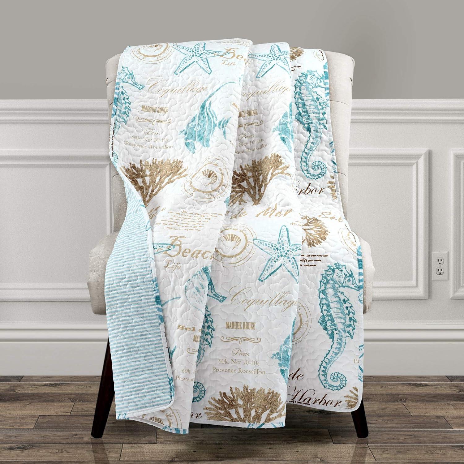 Coastal Blue and Taupe Reversible Throw Blanket, 60" x 50"