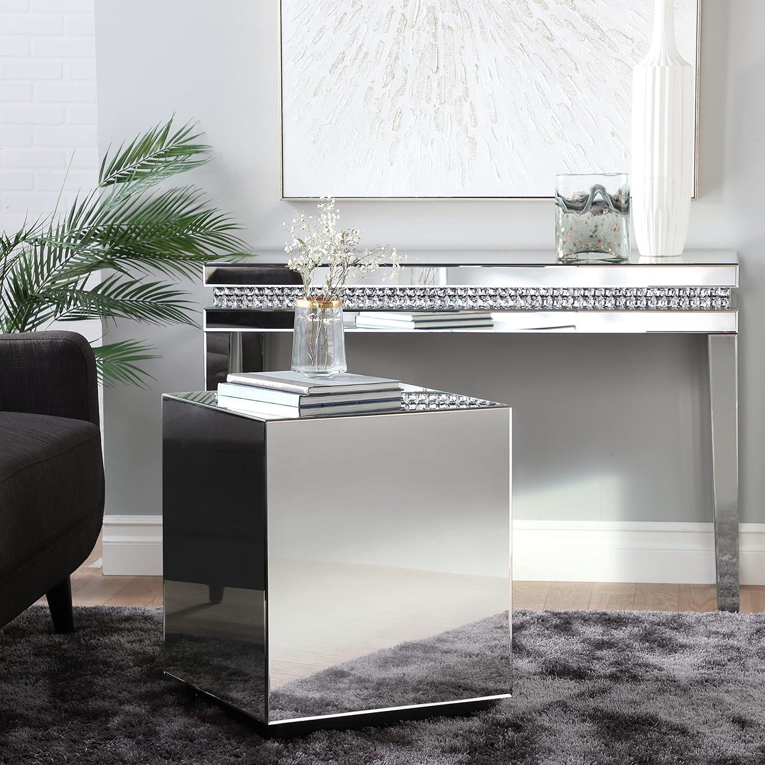 Silver Glass Mirrored Box Accent Table with Plinth Base