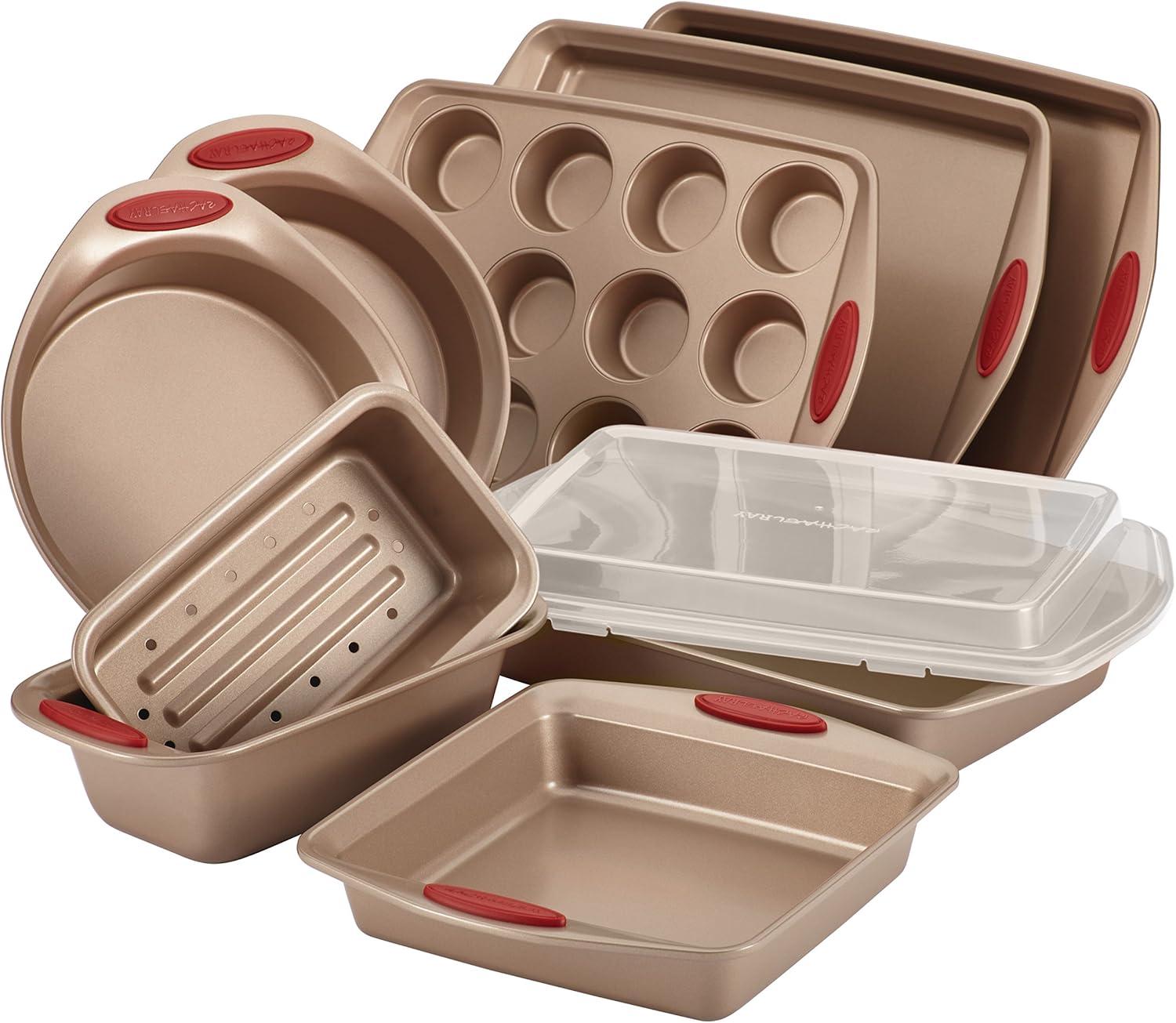 Rachael Ray 10-Piece Cucina Nonstick Bakeware Set, Brown with Red Handles