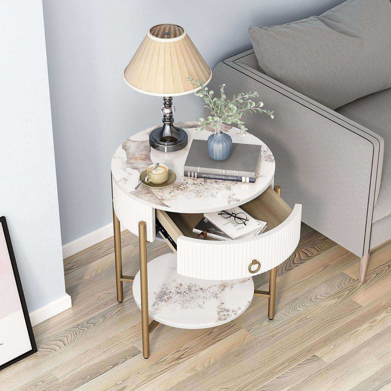 ASYA Gold End Table with Drawer, 2-Tier Nightstand Side Table with Natural Stone Top, Round Bedside Table Accent Table for Living Room Bedroom