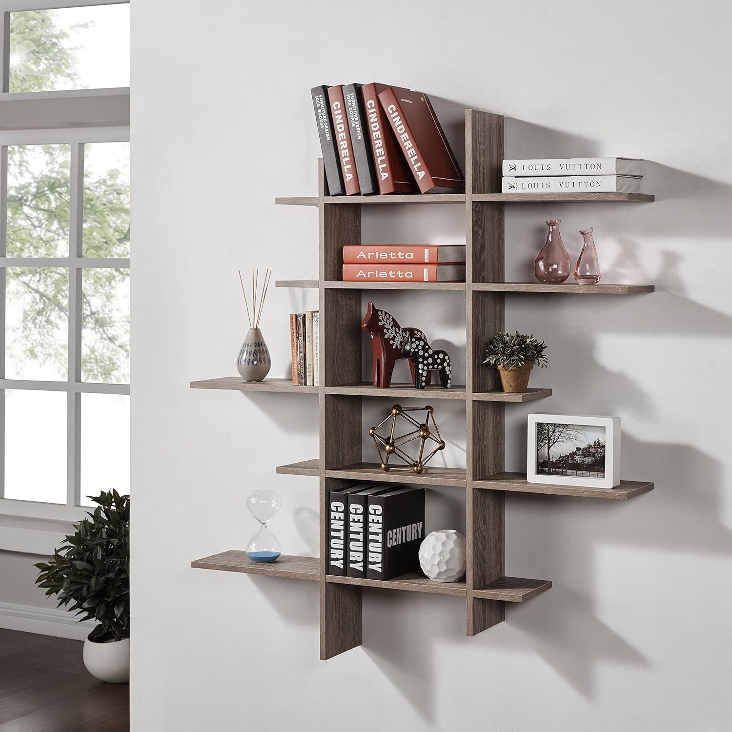 Weathered Oak Asymmetric Floating Wall Shelf Unit