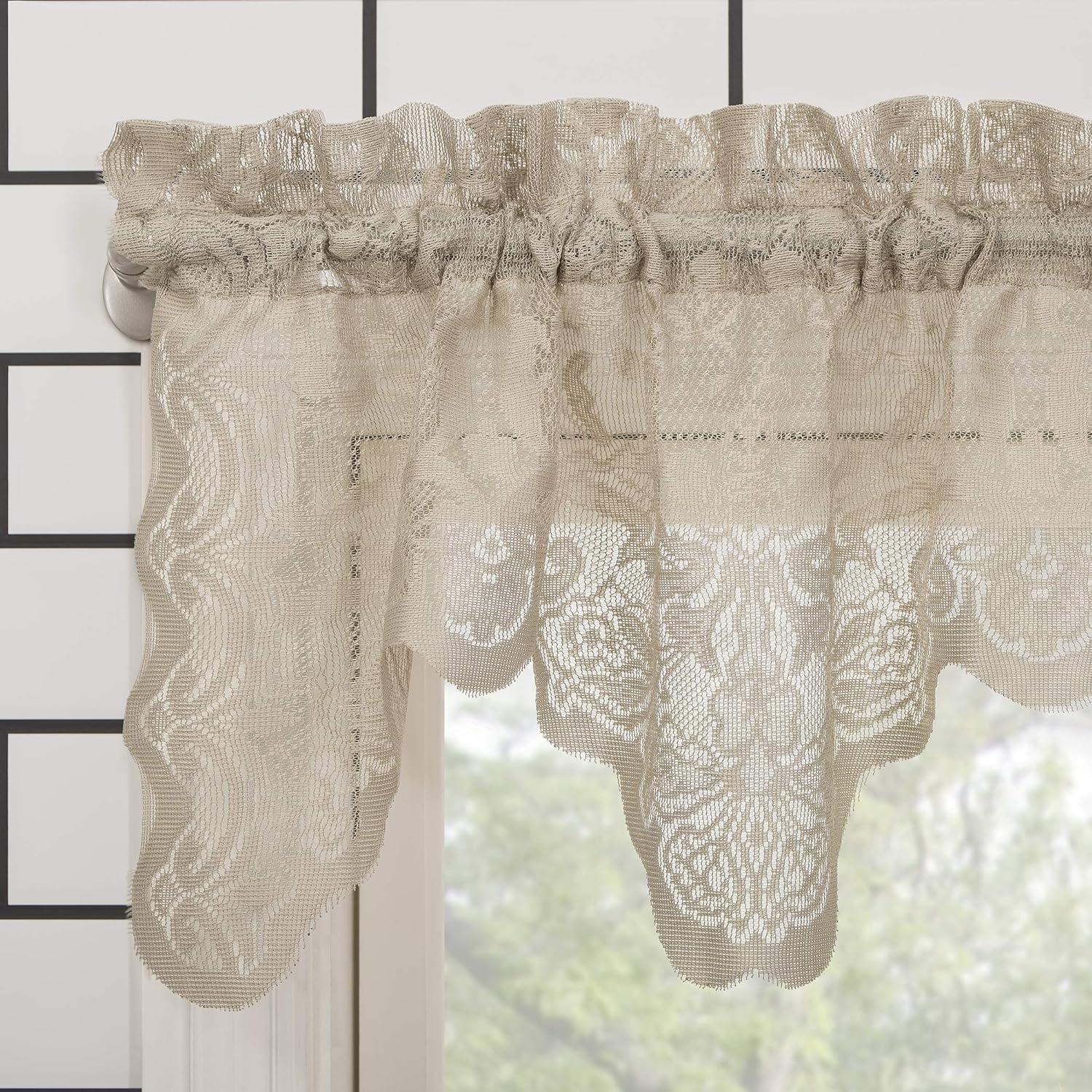 No. 918 Quinn Floral Lace Sheer Rod Pocket Kitchen Curtains, 58"x14", Oat