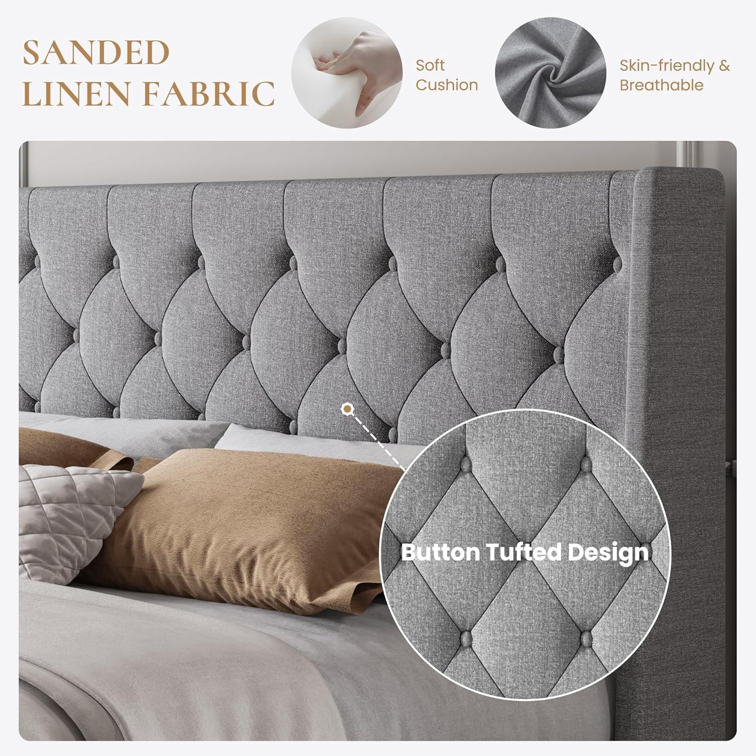 Allewie King Size Upholstered Platform Bed Frame with Fabric Wingback Button Tufted Headboard, Light Grey