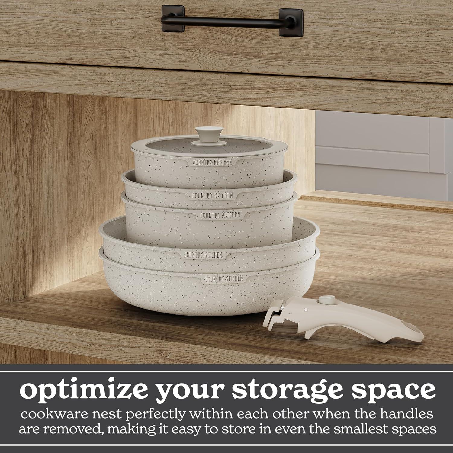 Country Kitchen 13-Pc Pots and Pans Set with Removable Handles Nonstick Cookware Set, Cream