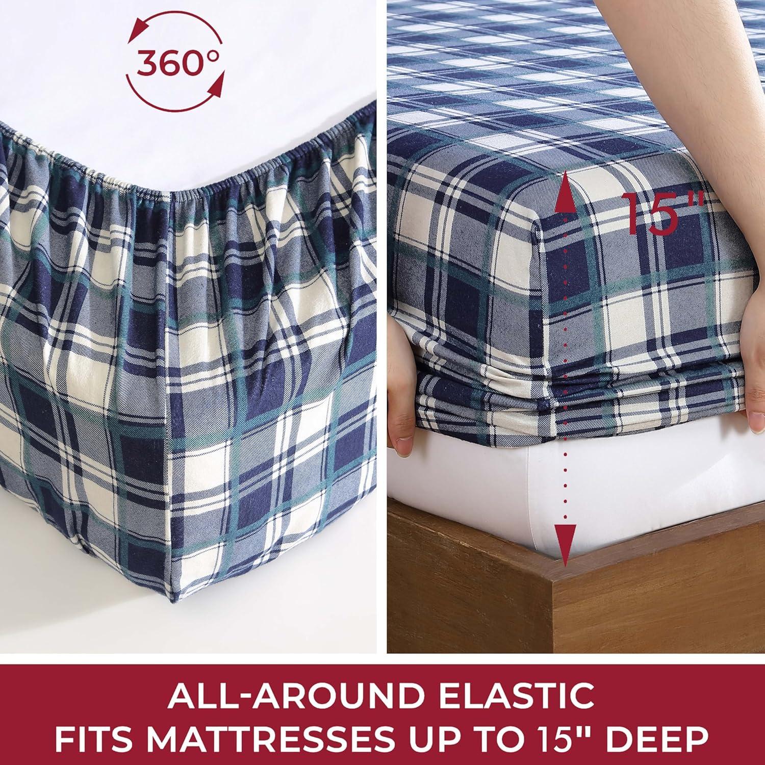Winter Nights Cotton Flannel Sheet Set, Queen, Navy Plaid