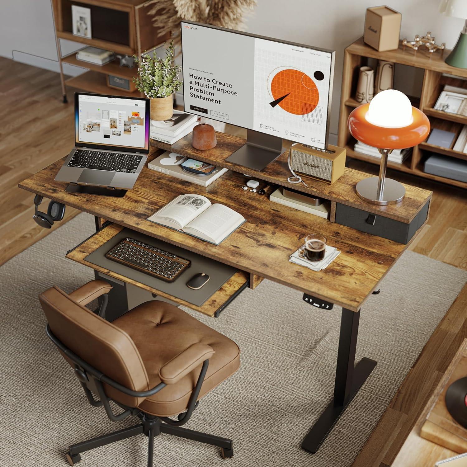 Rustic Brown Adjustable Height Standing Desk with Drawers and Shelf