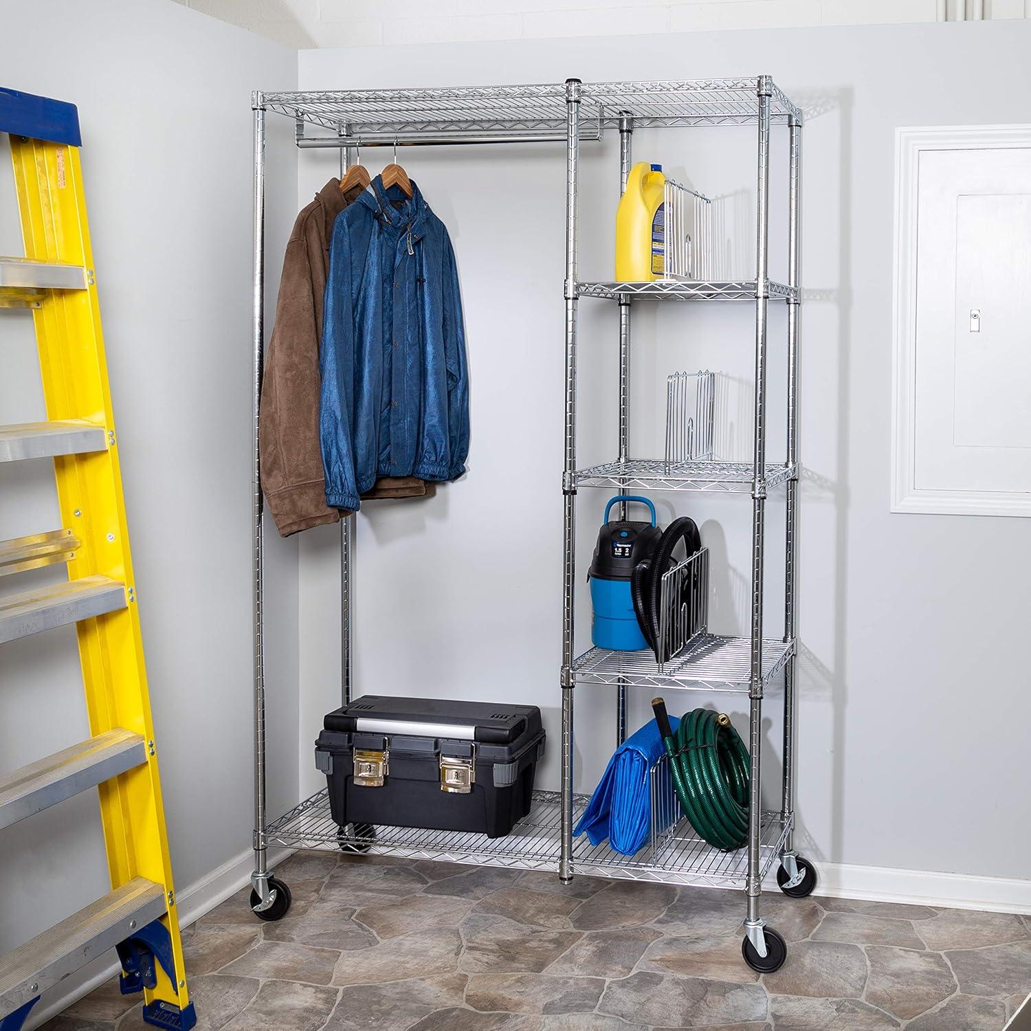 Chrome Heavy-Duty Portable Wire Shelving Unit with Garment Rack