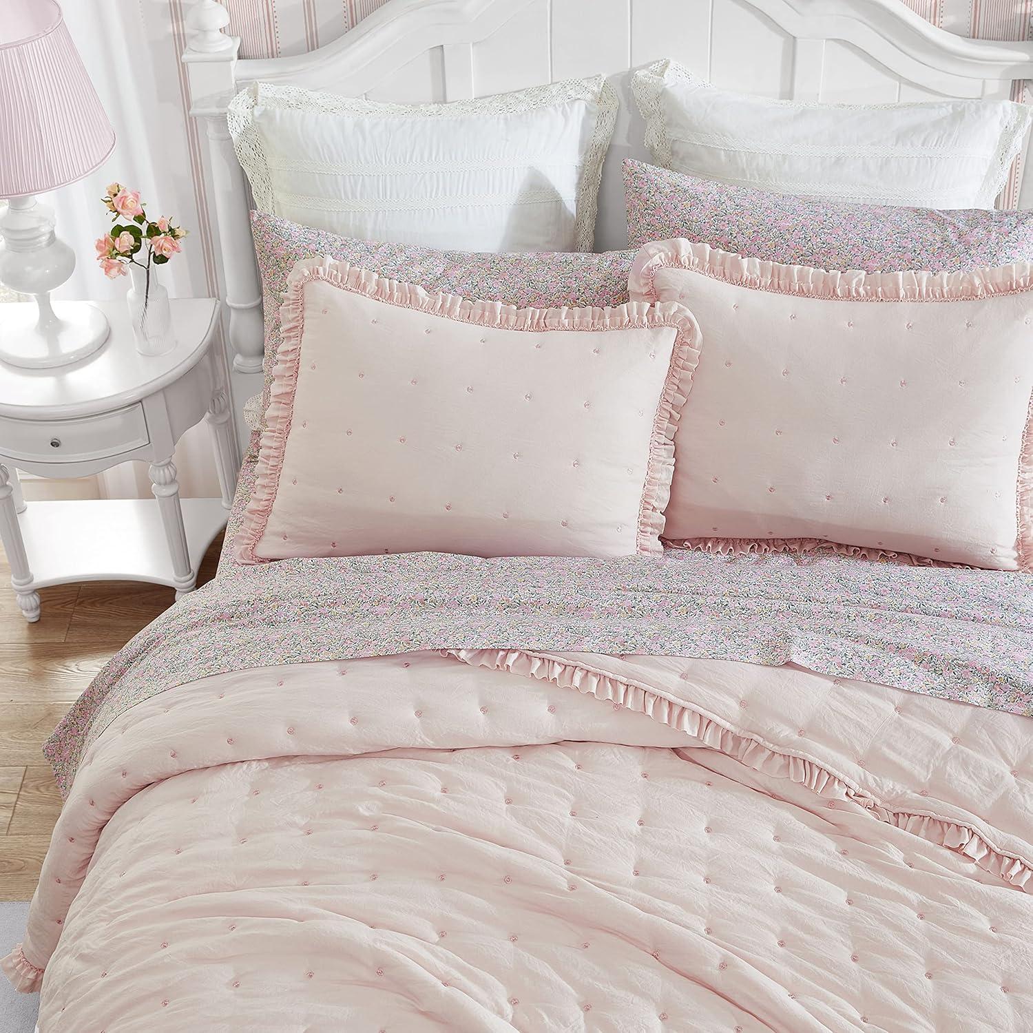 Laura Ashley Hailee Solid Pink Cozy Quilt Set