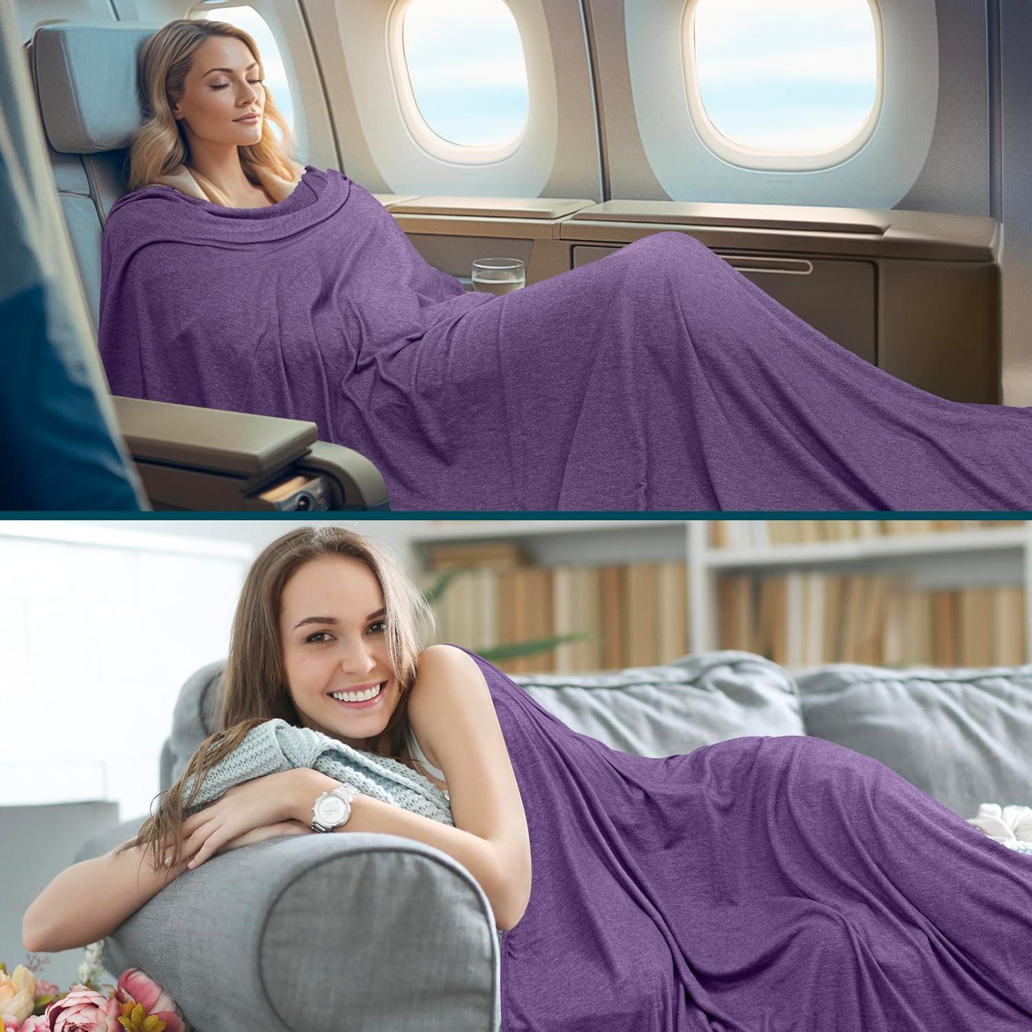 PAVILIA Travel Blanket Airplane Compact with Bag, Soft Packable Plane Throw Portable Camping Flight Essentials, Travelers Gifts Accessories, Purple