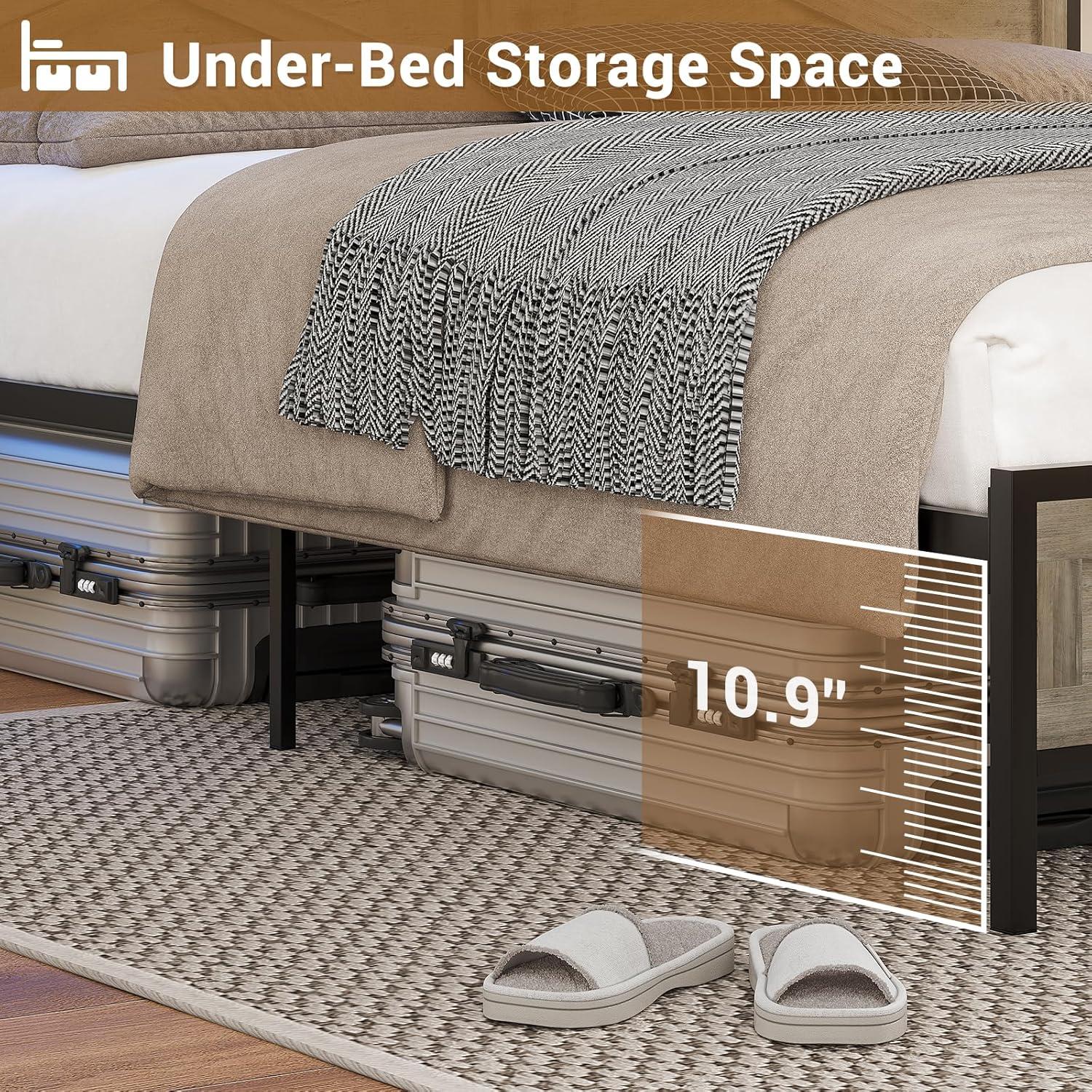 Hasuit Queen Bed Frame with Storage Headboard, Platform Bed Queen Size with Charging Station and LED Lights, Farmhouse Rustic Bed with Sliding Barn Door, Rustic Oak