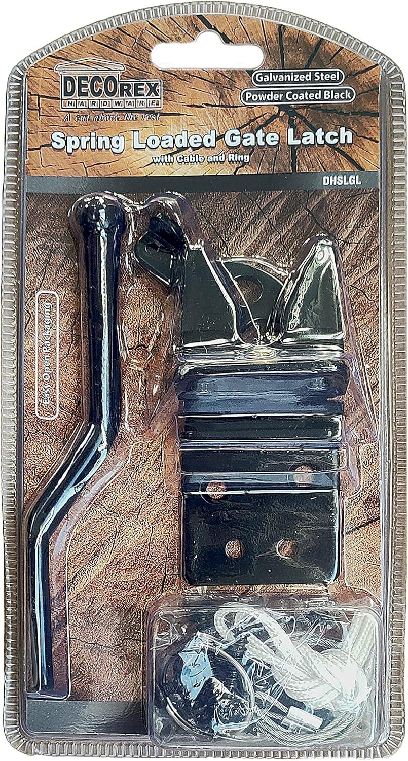 Spring Loaded Gate Latch with Cable and Ring - Powder Coated Black - Screws Included - DHSLGL