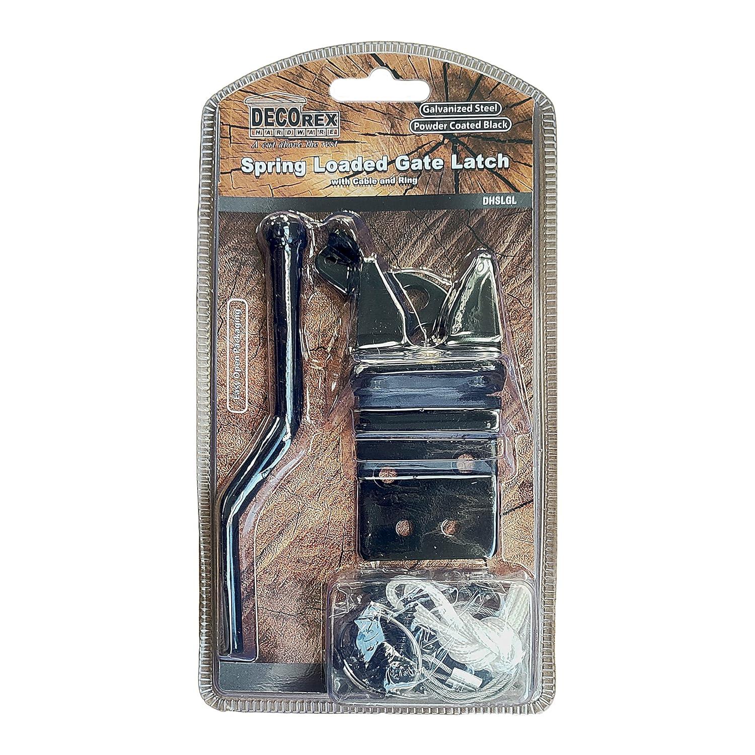 Spring Loaded Gate Latch with Cable and Ring - Powder Coated Black - Screws Included - DHSLGL