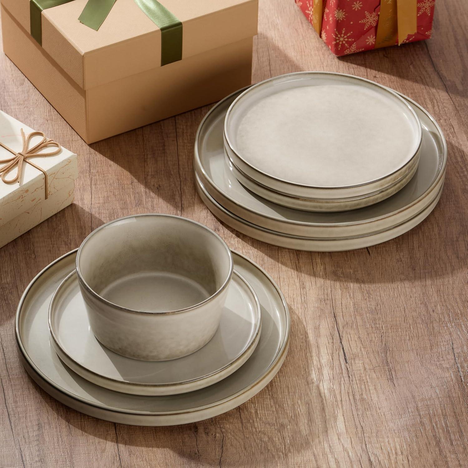 HaWare Dinnerware Sets, 16-Piece Stoneware Dinner Plates and Bowls for 4, Reactive Glaze Dishes Mug, Chip & Scratch Resistant, Microwave & Dishwasher Safe - Reactive Khaki