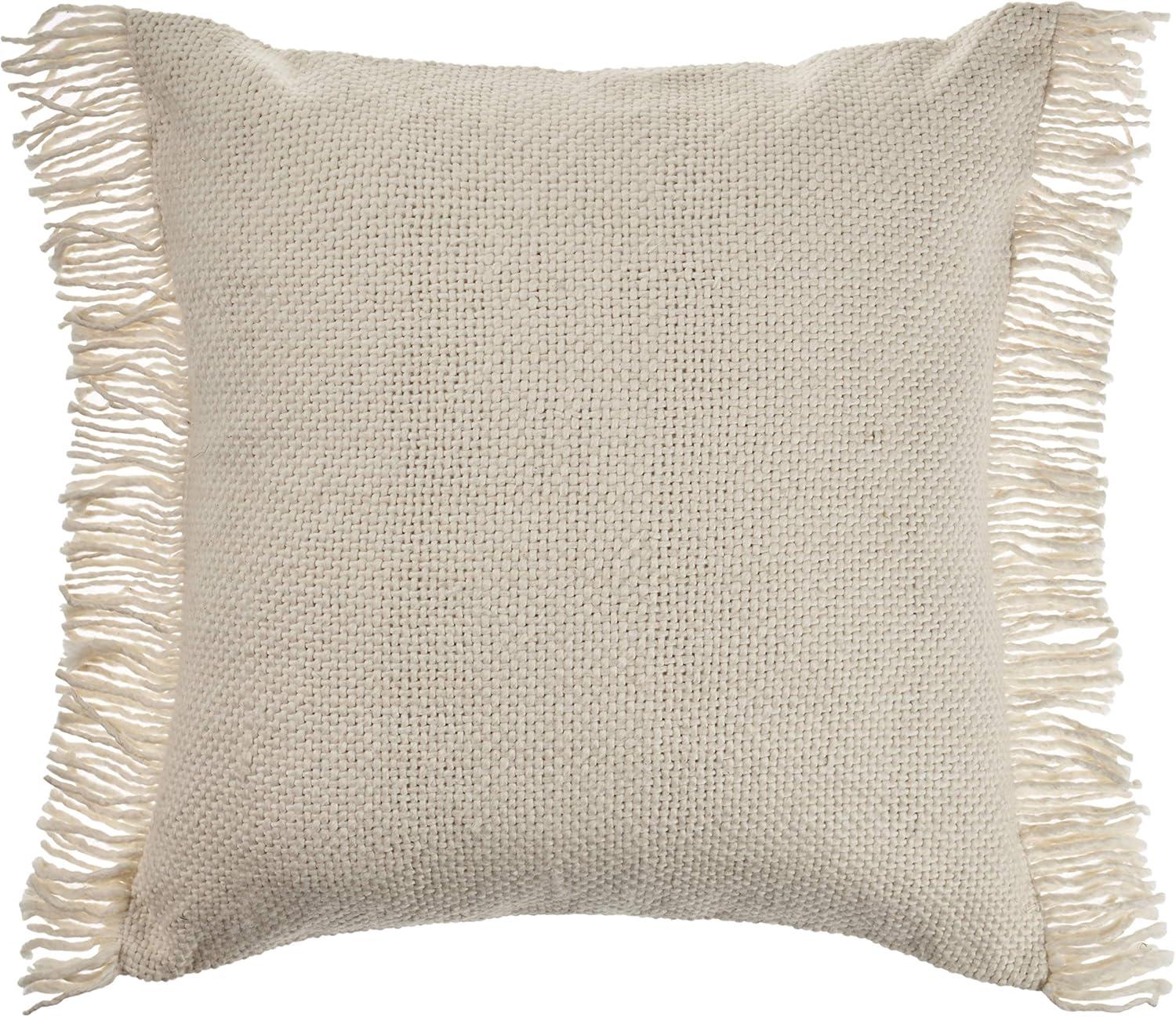 Ivory Woven Cotton Blend Throw Pillow with Fringe, 20 x 20