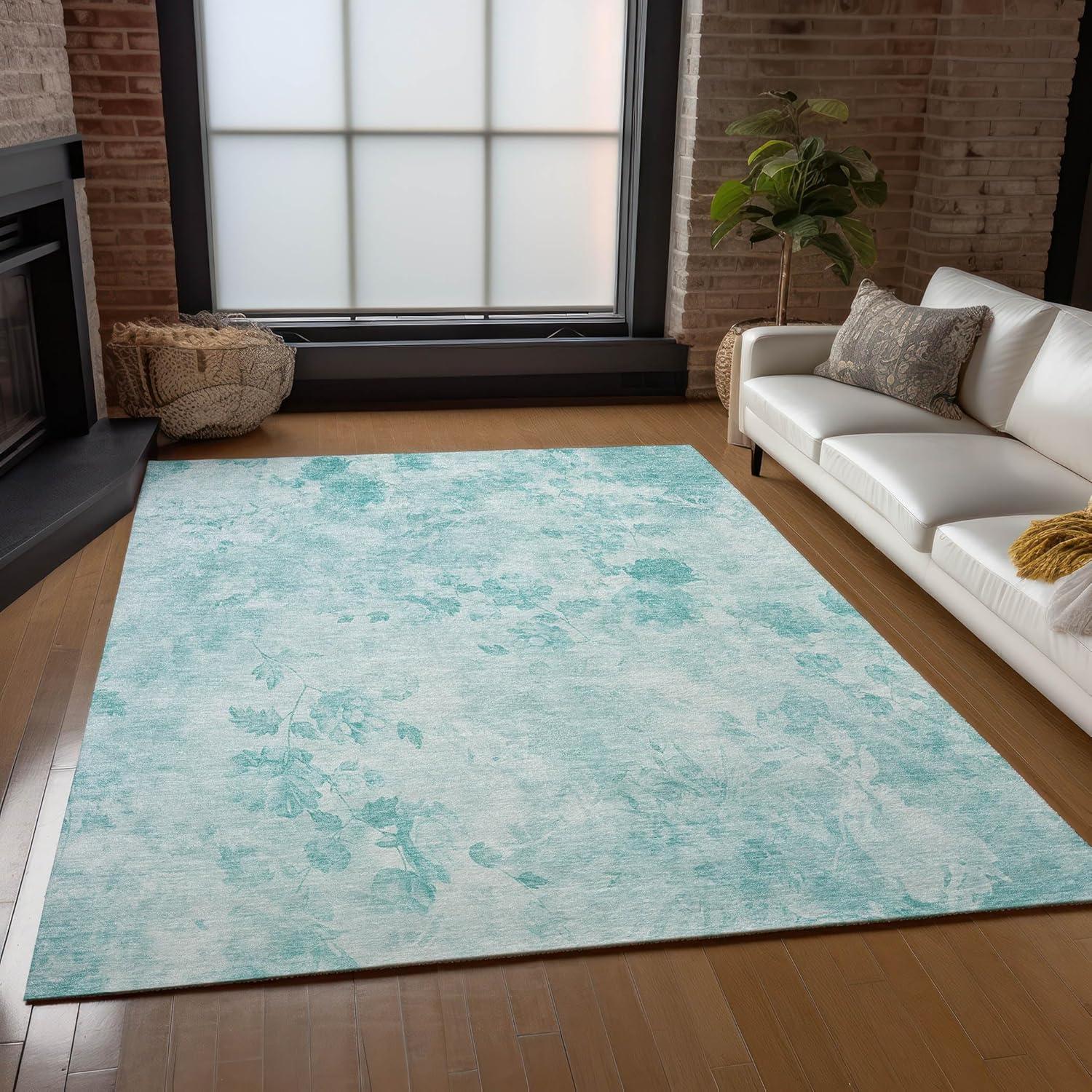 Aqua Floral Synthetic Indoor/Outdoor Washable Area Rug 2'6" x 3'10"