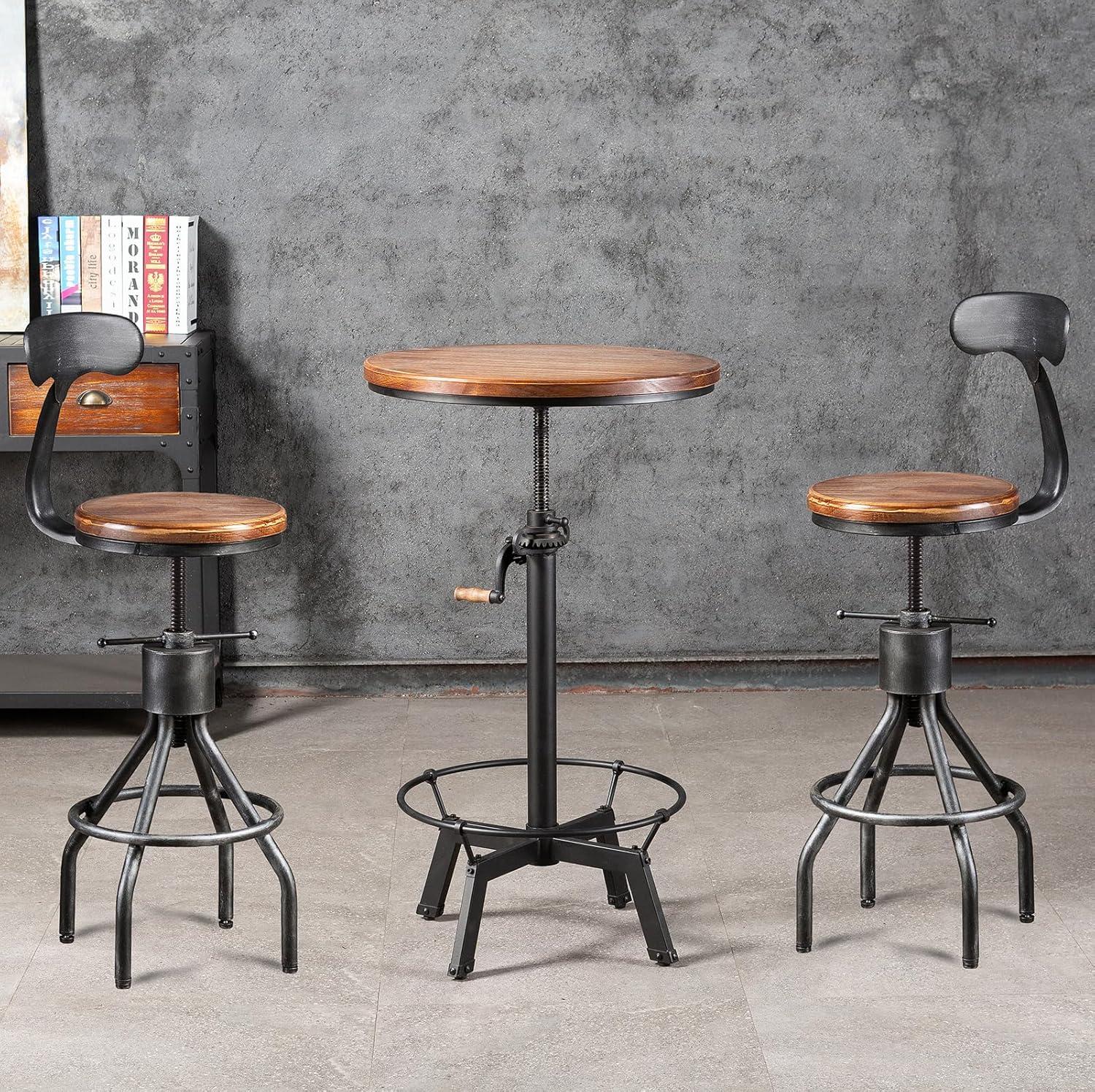 LOKKHAN Set of 2 Rustic Industrial Bar Stool-24-30 Adjustable Metal Swivel Wooden Top Barstools-Counter Height Extra Tall Bar Height-Vintage Farmhouse Kitchen Breakfast Cafe Stool-with Backrest